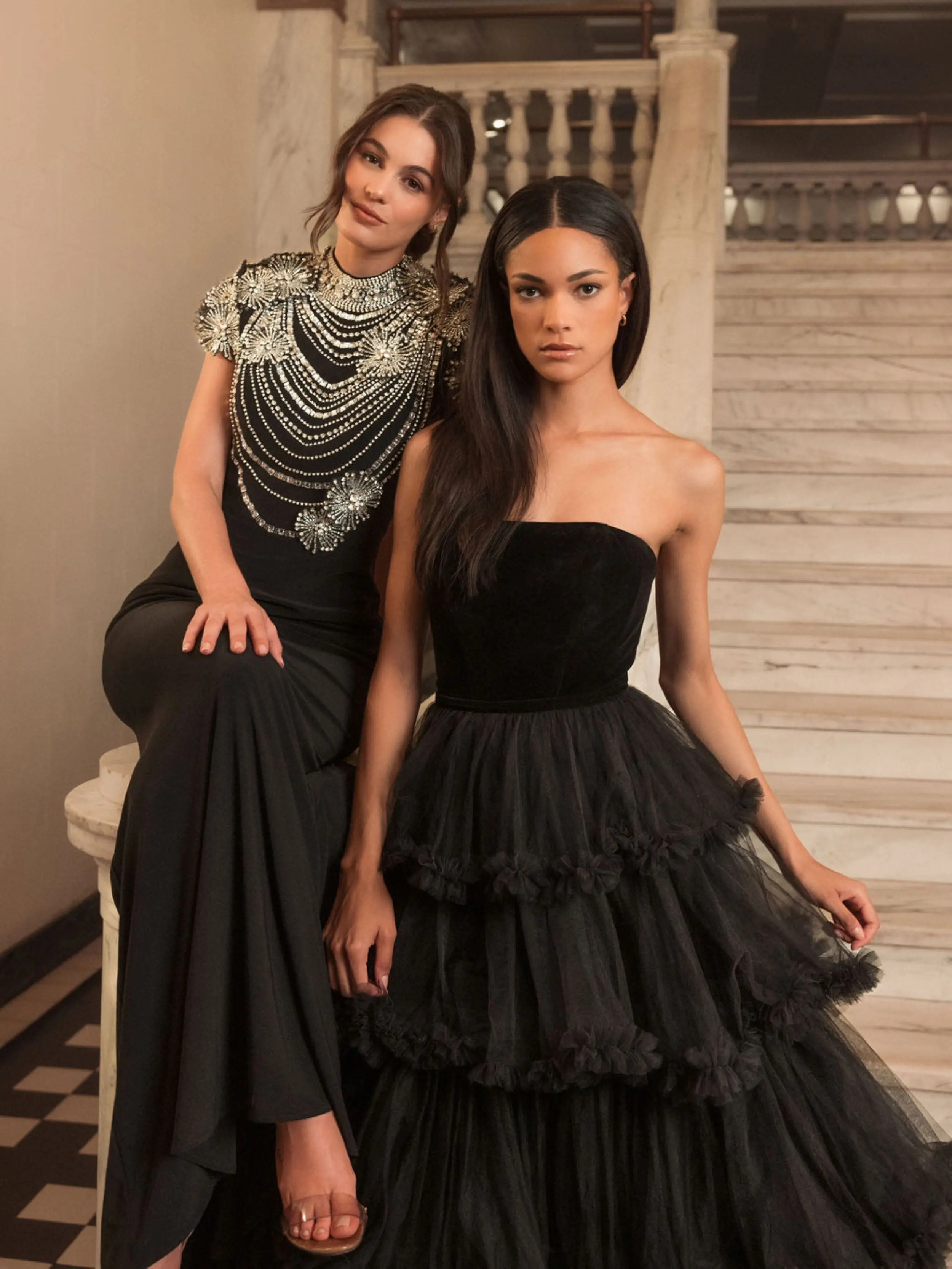 Black High Neck Embellished Column Gown - Image 7