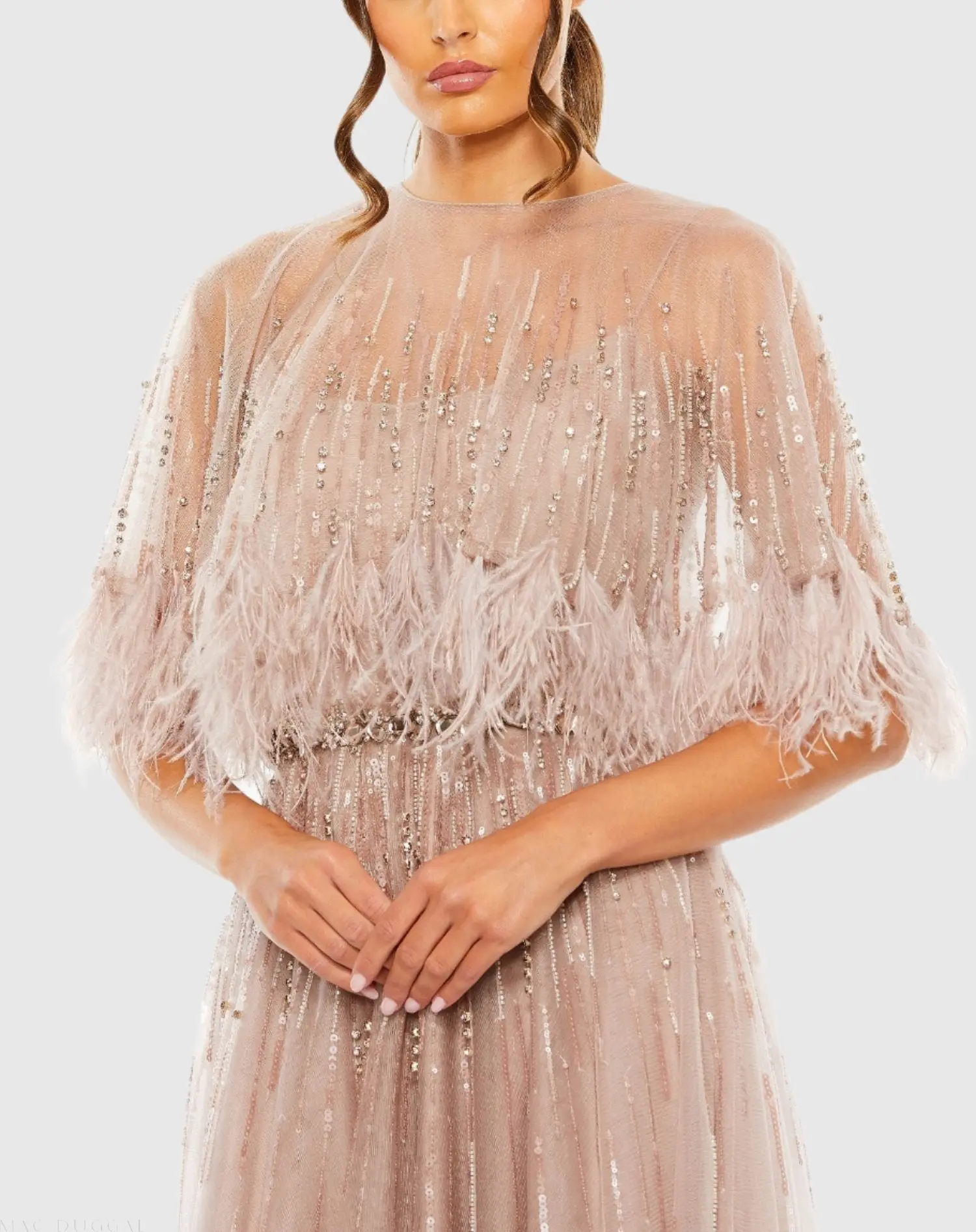 Beige Embellished A Line Gown with Feather Detail Cape - Image 2