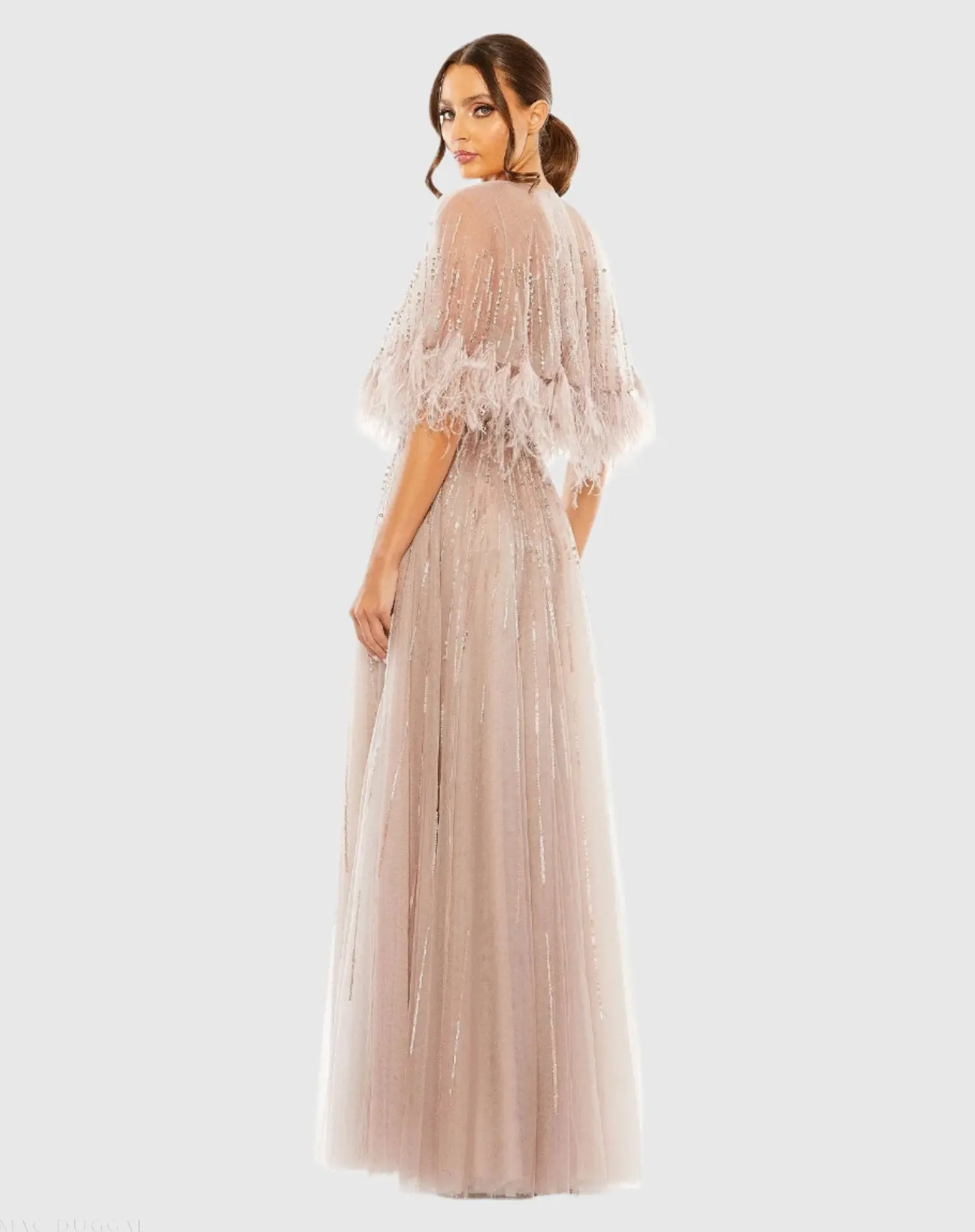 Beige Embellished A Line Gown with Feather Detail Cape - Image 3