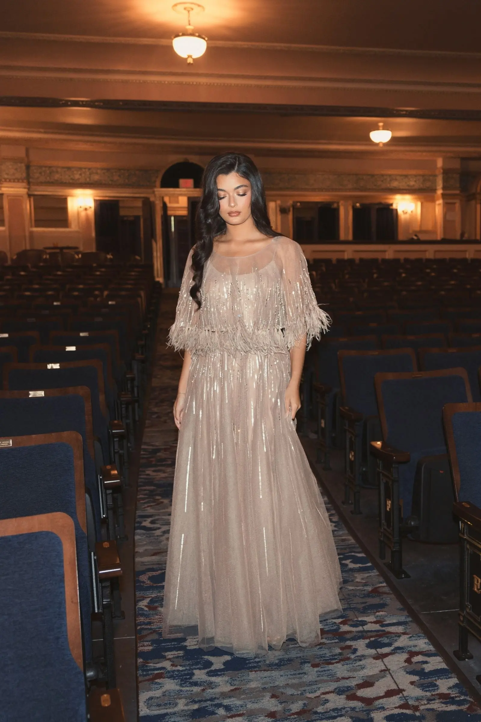 Beige Embellished A Line Gown with Feather Detail Cape - Image 4