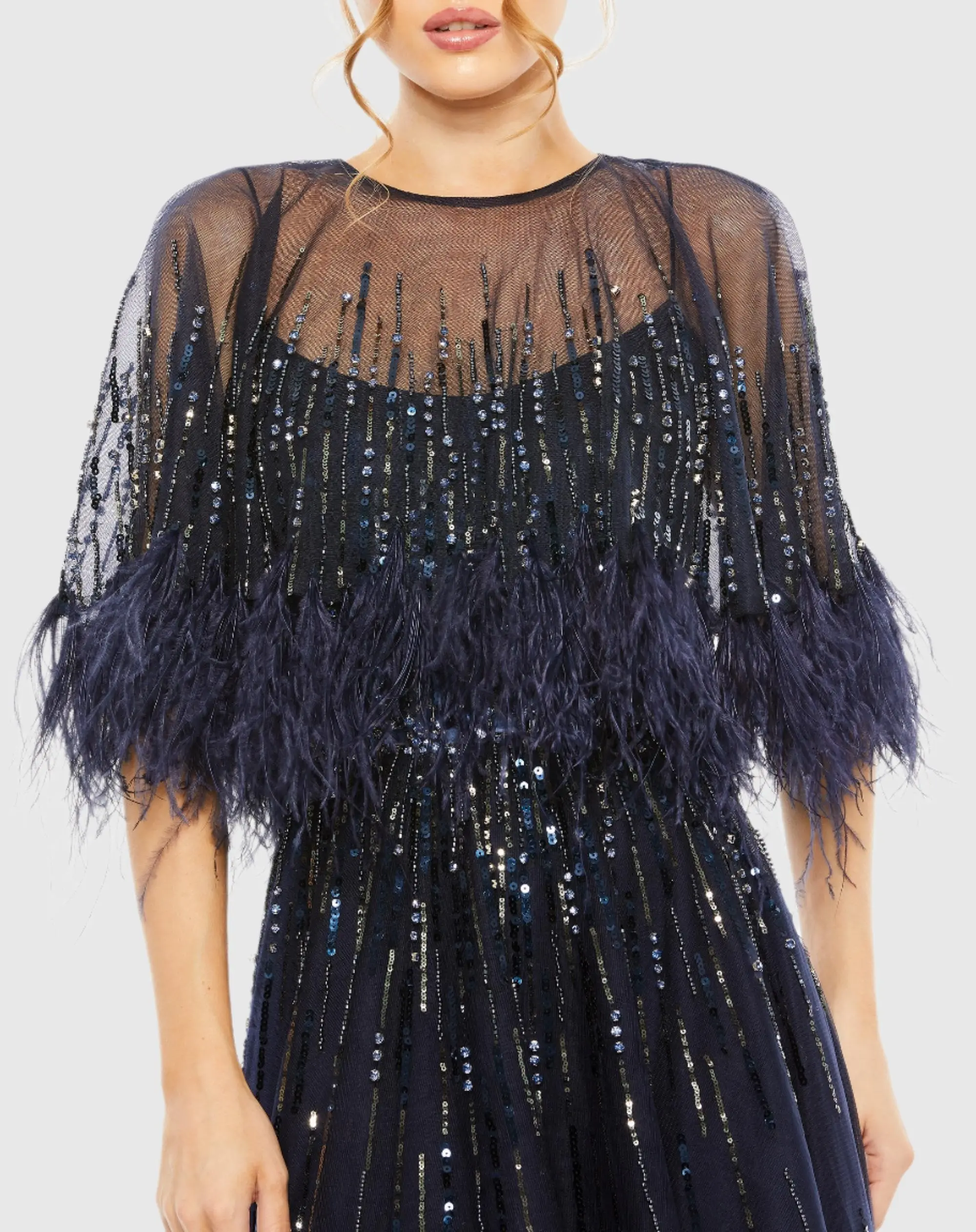 Navy Embellished A Line Gown with Feather Detail Cape - Image 2