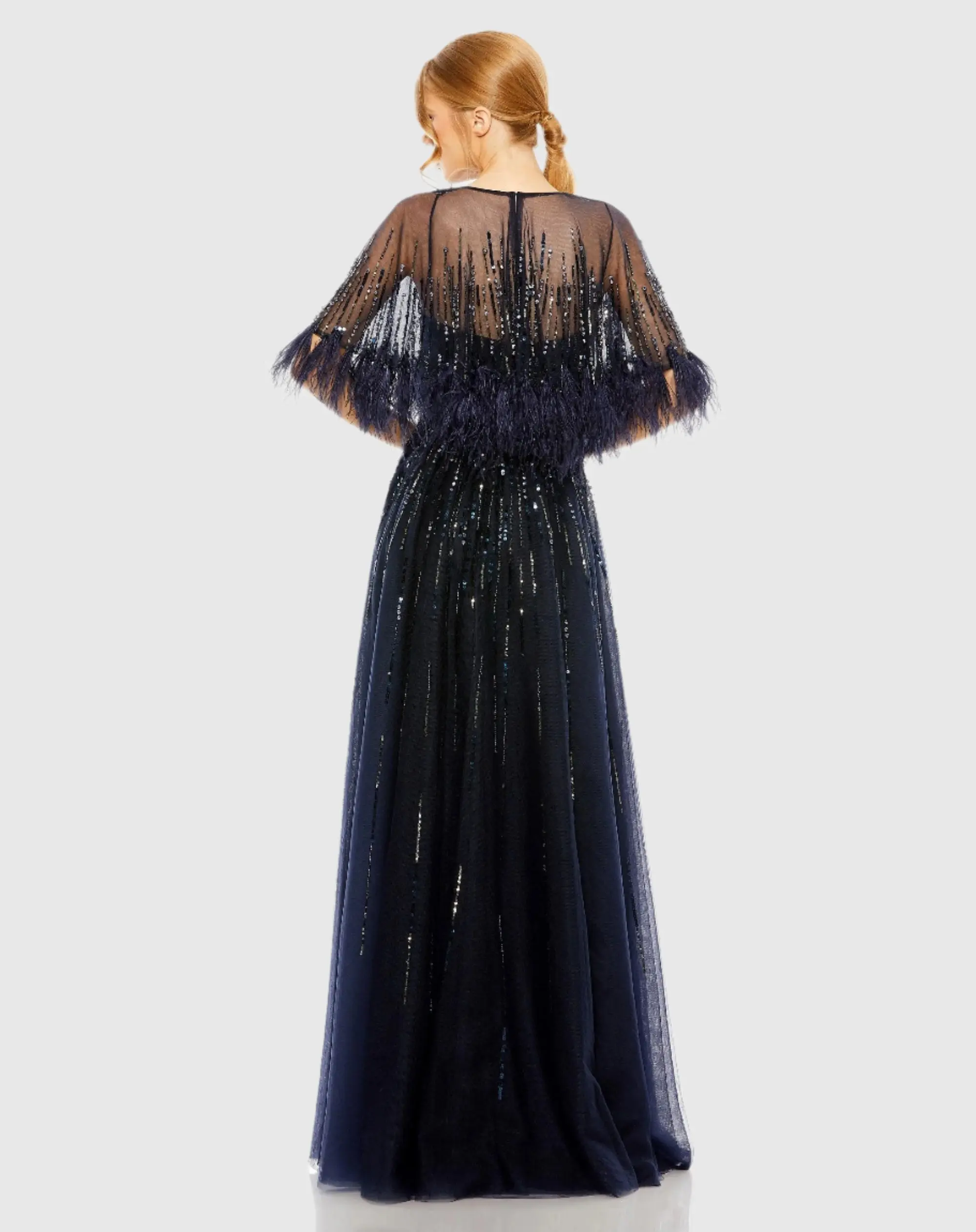 Navy Embellished A Line Gown with Feather Detail Cape - Image 3