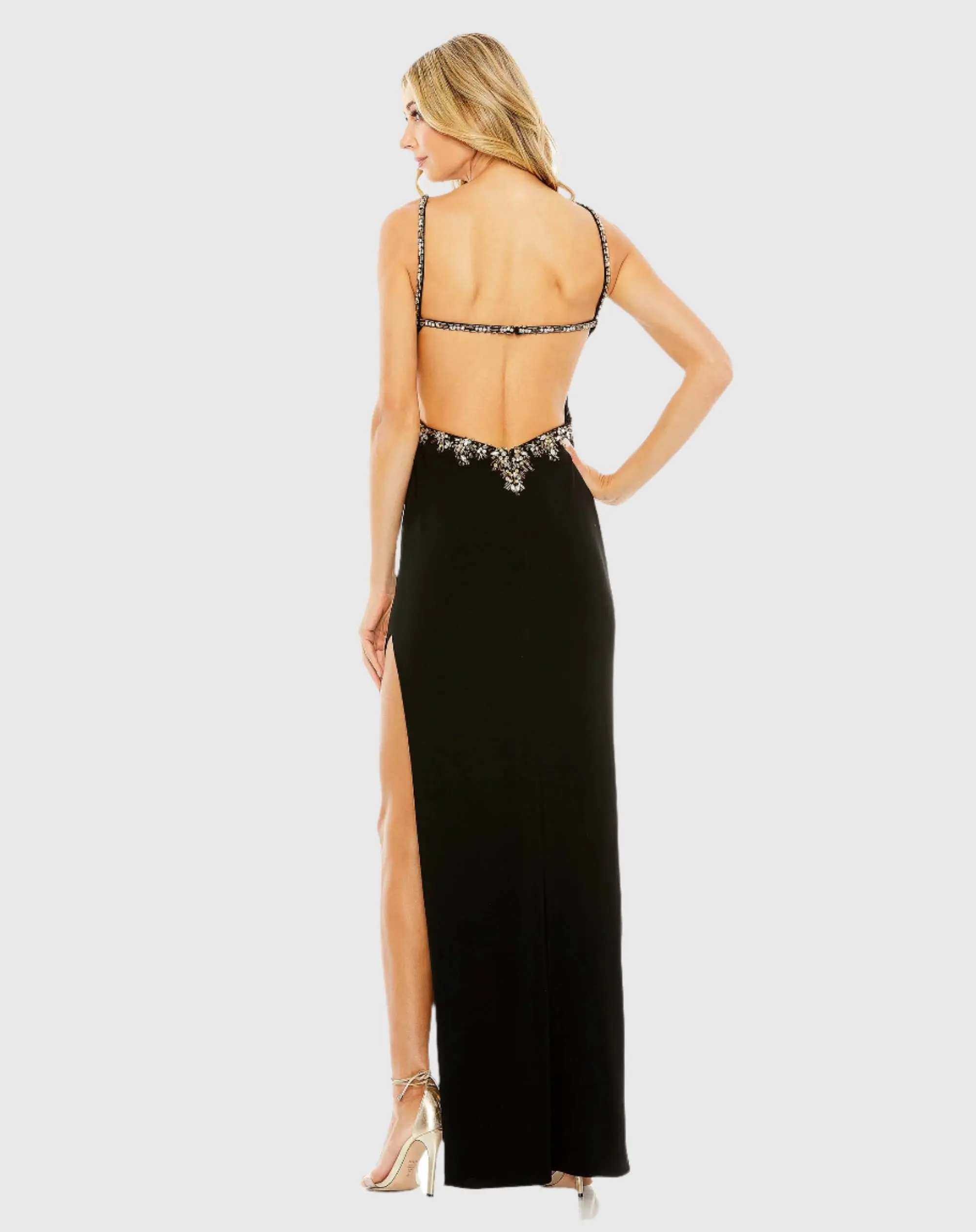 Black Embellished Ruched Open Back Column Gown - Image 3