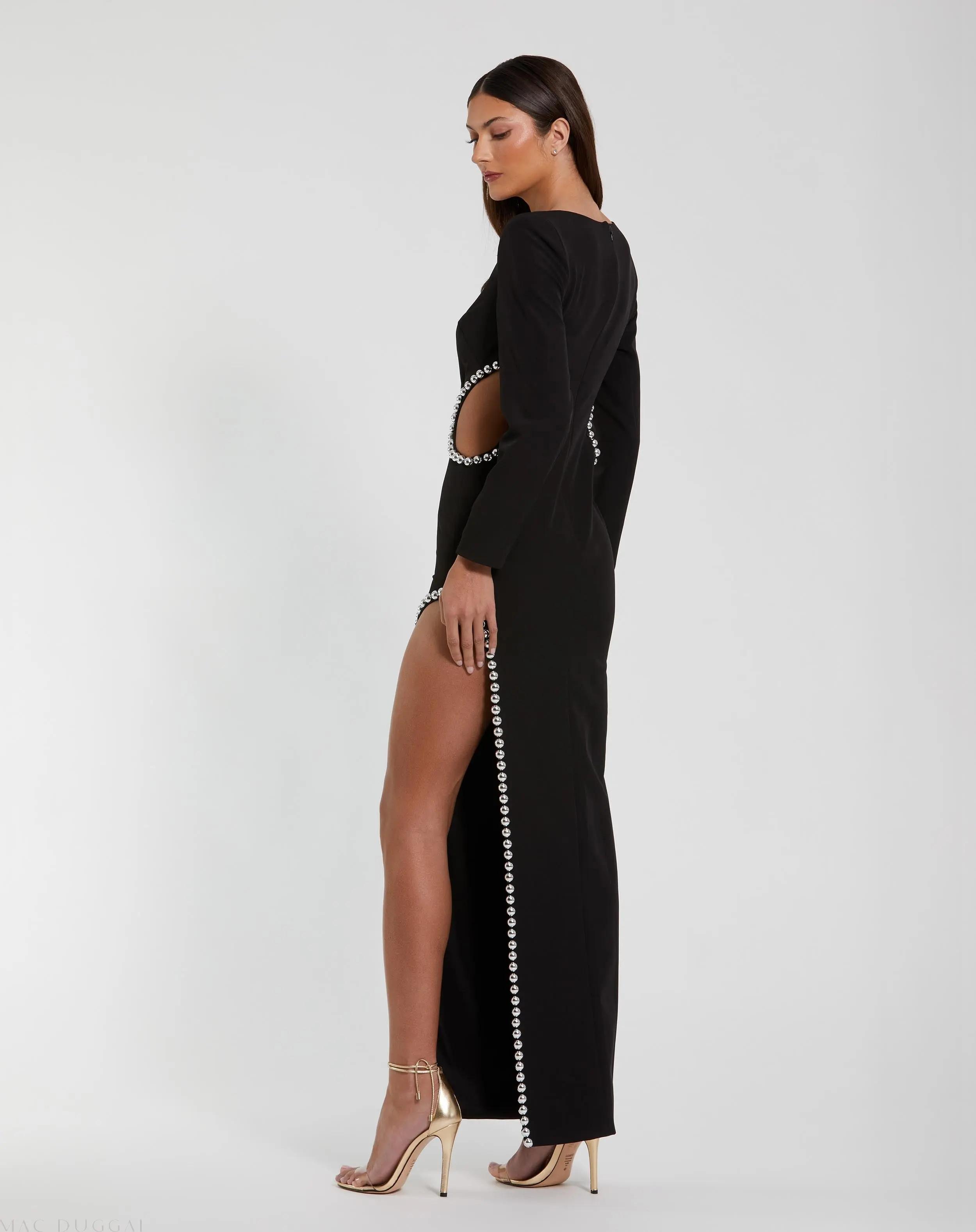 Black Crepe Long Sleeve Gown With Beaded Cut Outs - Image 3