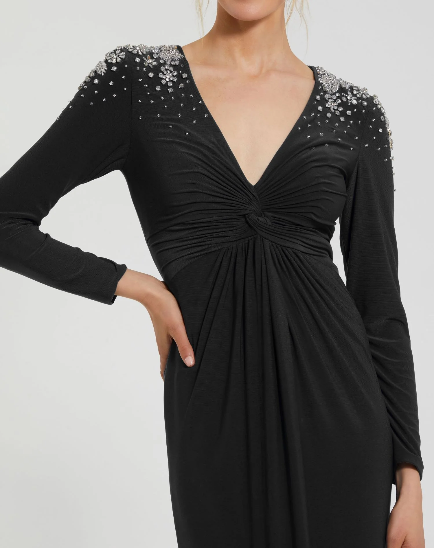 Black Jersey V Neck Faux Knot Gown With Beaded Shoulders - Image 2