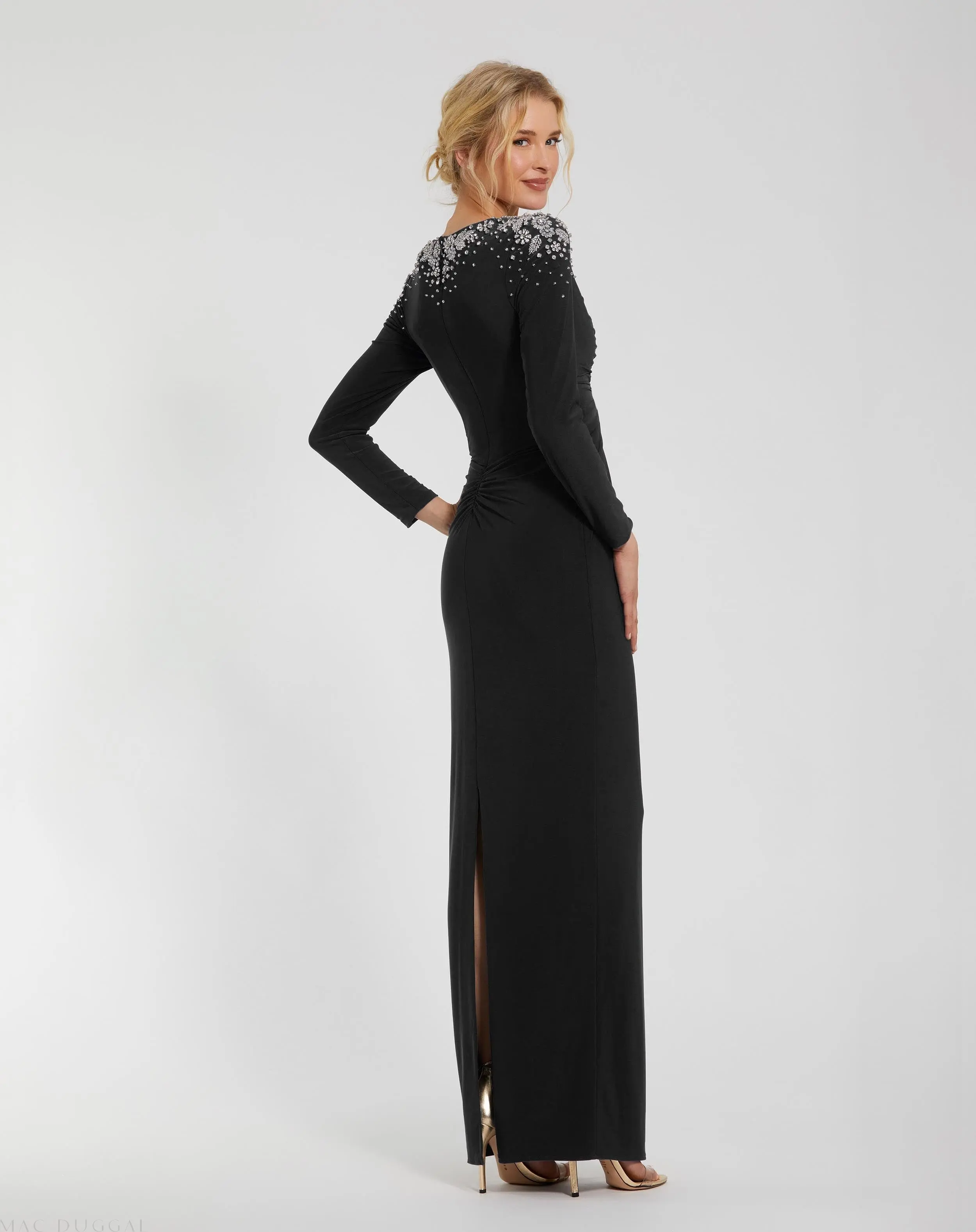 Black Jersey V Neck Faux Knot Gown With Beaded Shoulders - Image 3