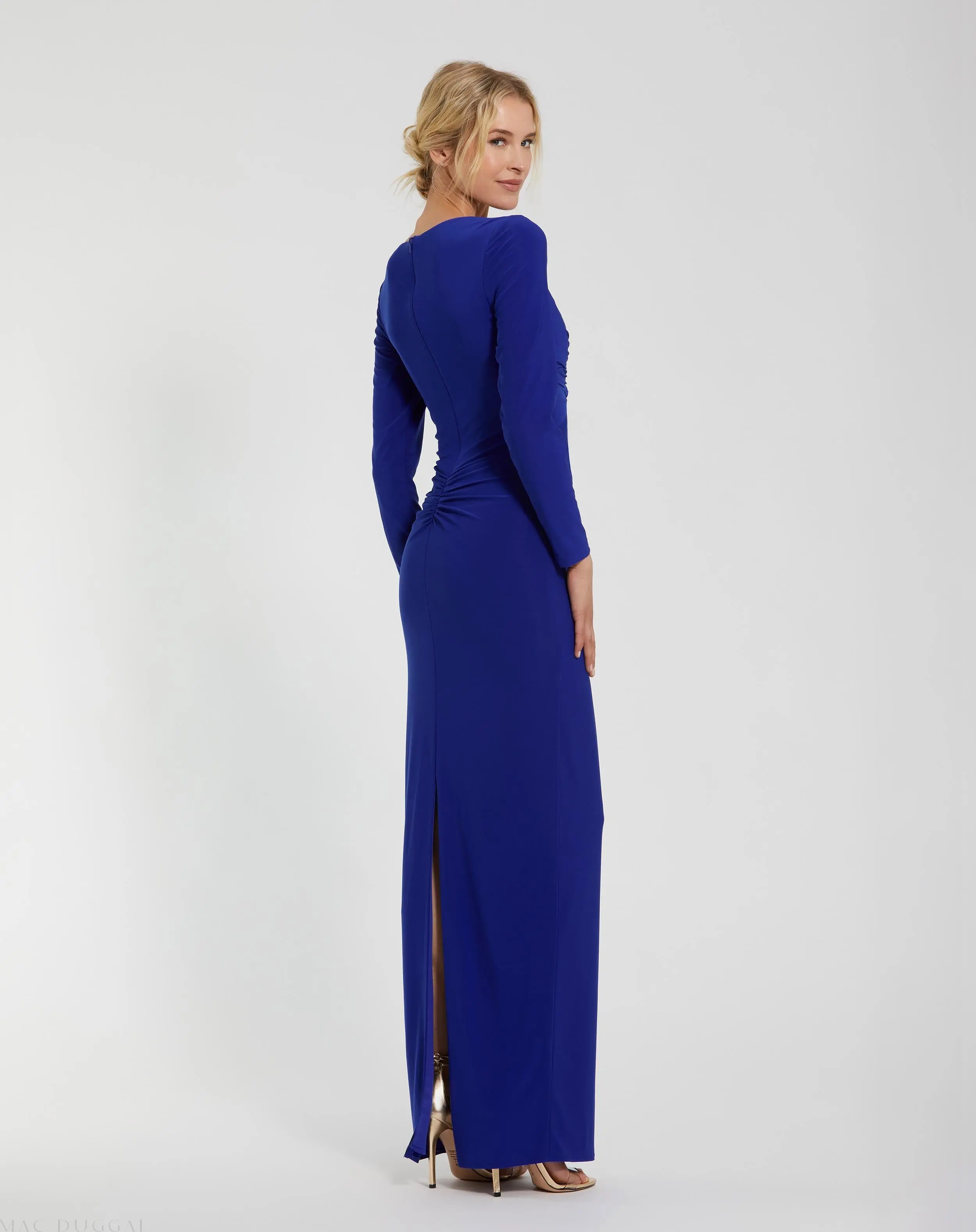 Blue Long Sleeve Jersey V Neck Twist Knot Gown - Image 3