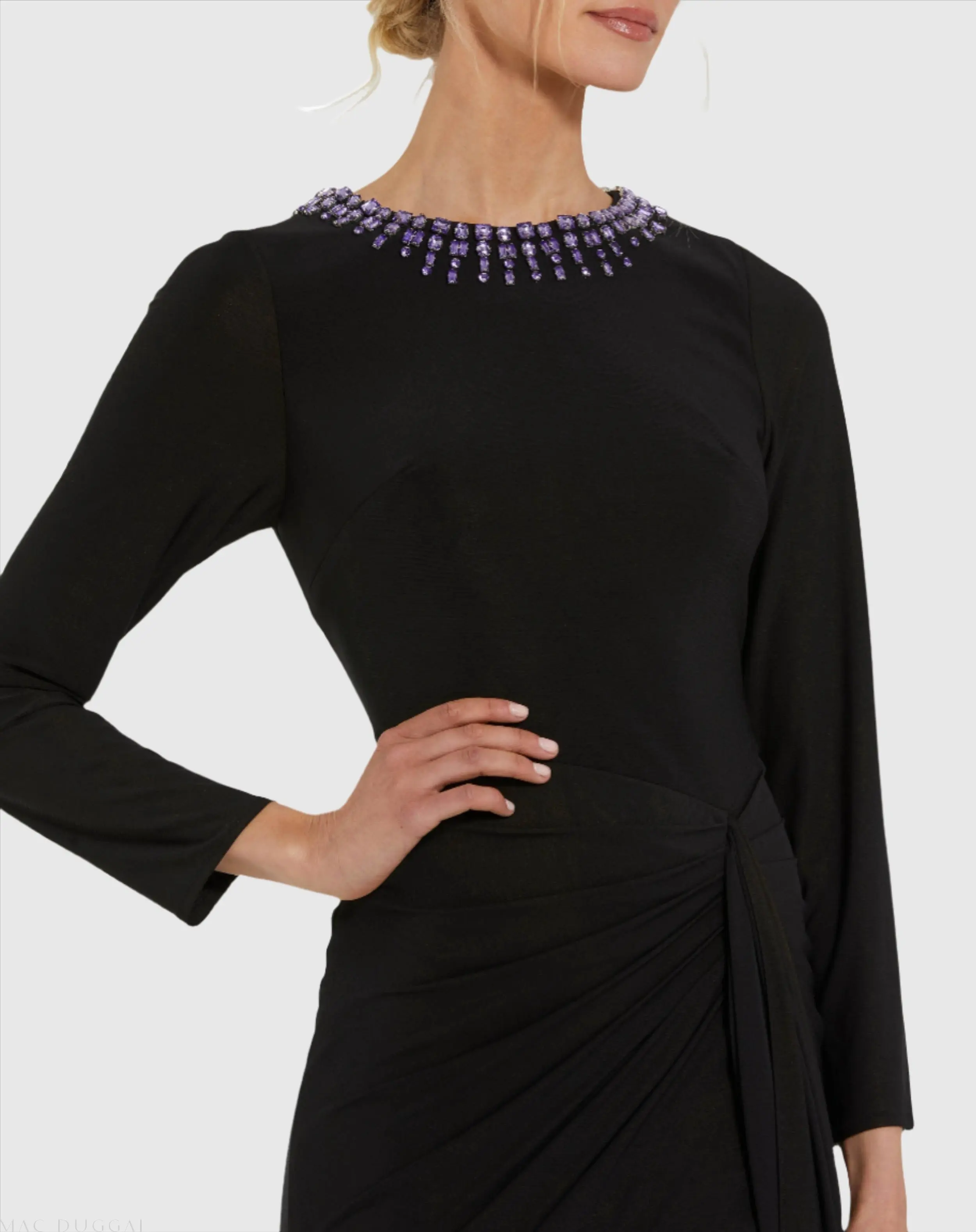 Black Long Sleeve Jersey Ruched Gown With Beaded Neck - Image 2