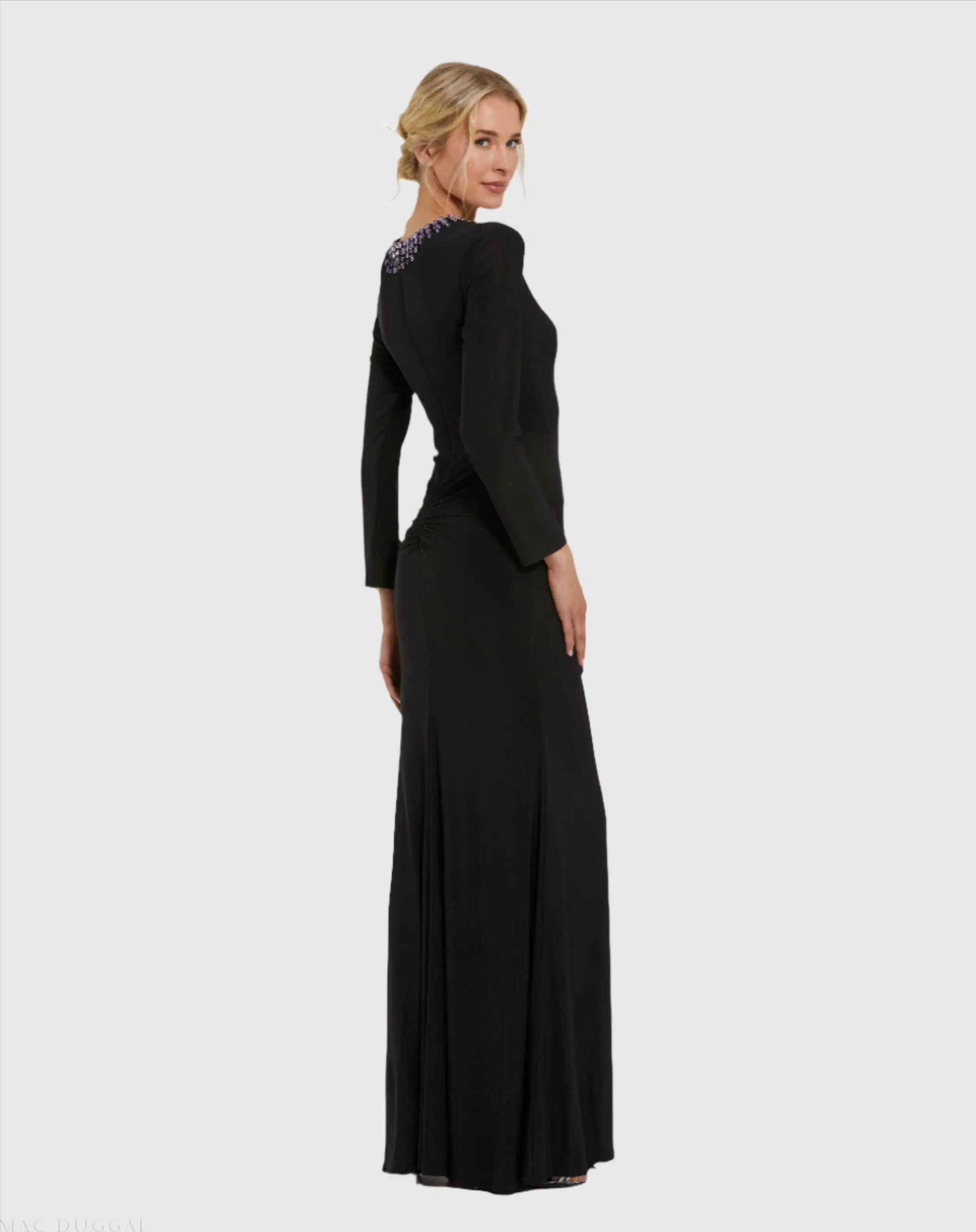Black Long Sleeve Jersey Ruched Gown With Beaded Neck - Image 3