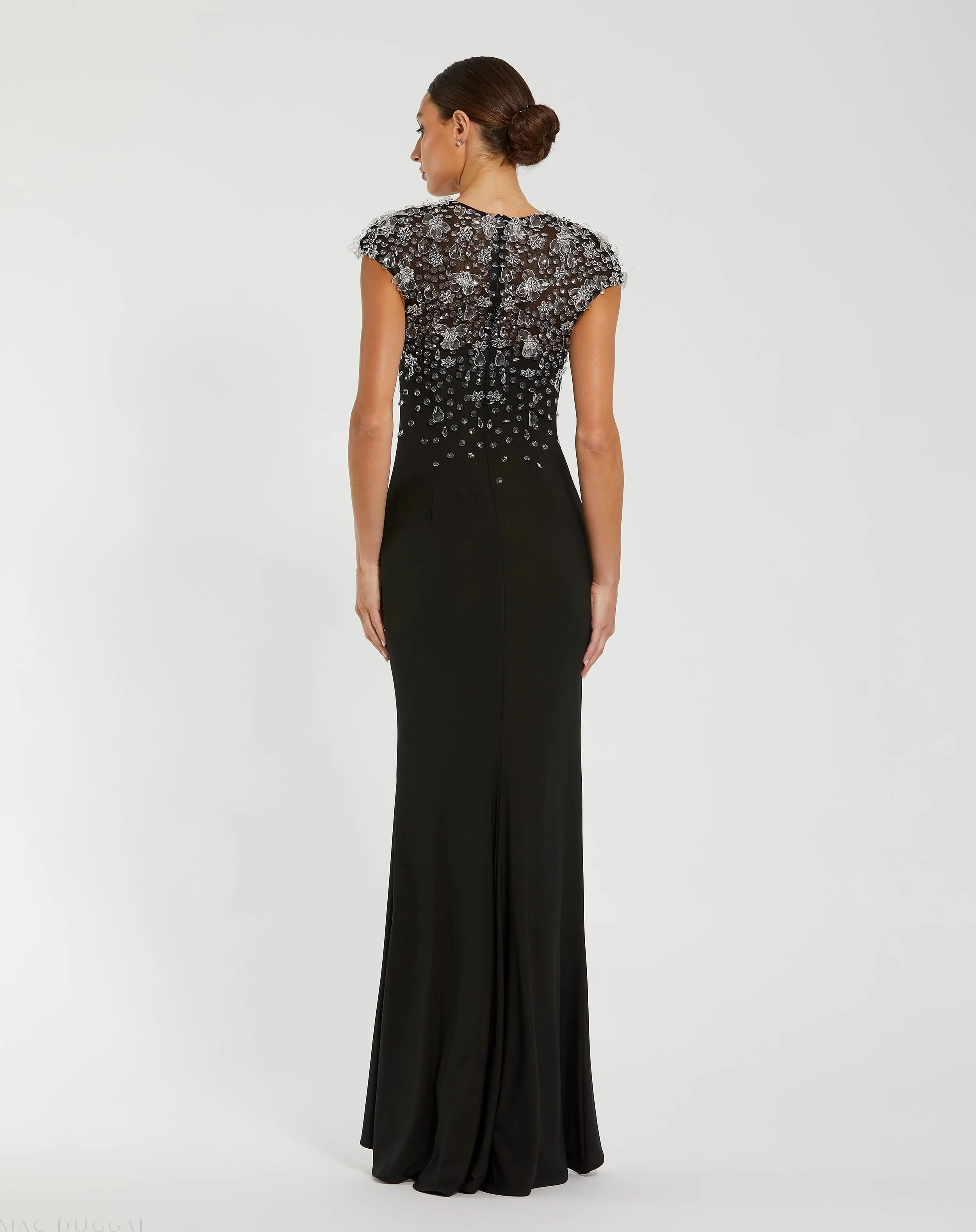 Black Crystal Embellished Jersey Fitted Cap Sleeve Gown - Image 3