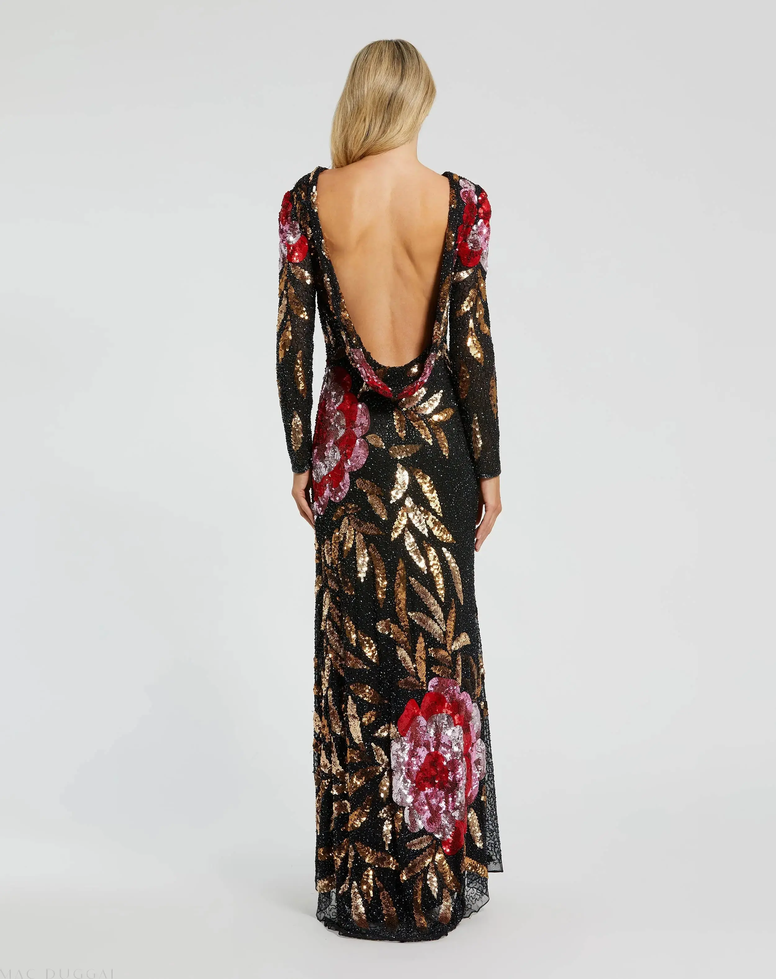 Black Embellished Floral Long Sleeve Backless Gown