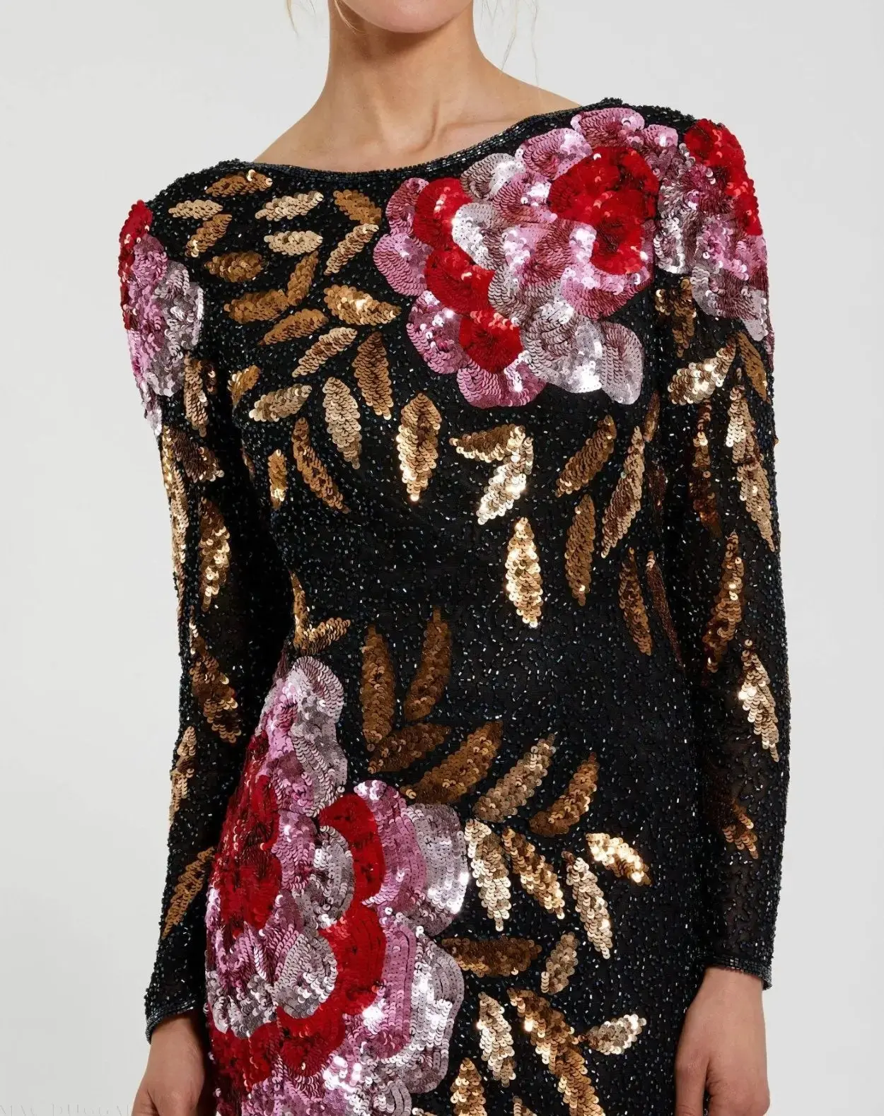 Black Embellished Floral Long Sleeve Backless Gown - Image 3