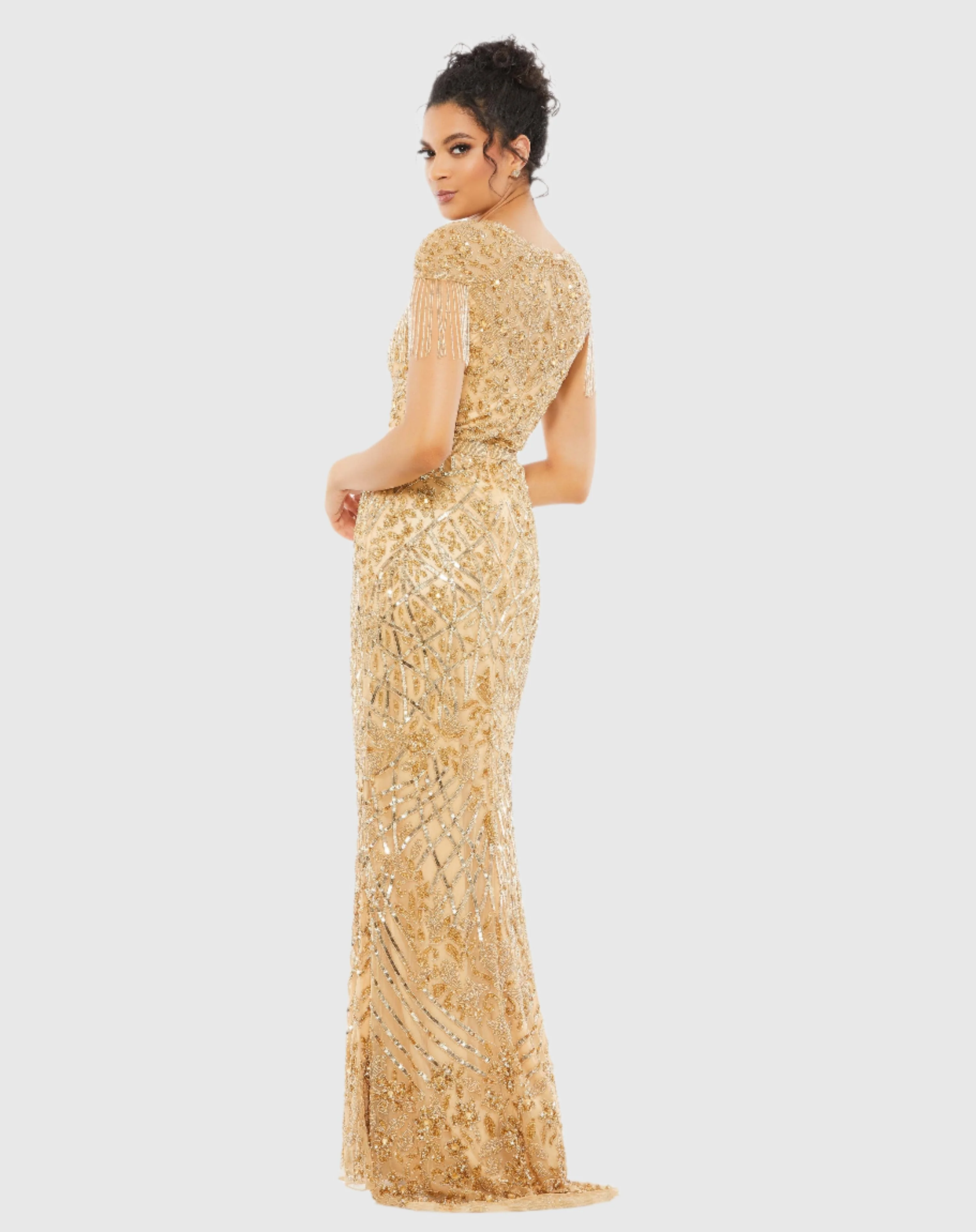 Gold Embellished Fringe Cap Sleeve Trumpet Gown - Image 3