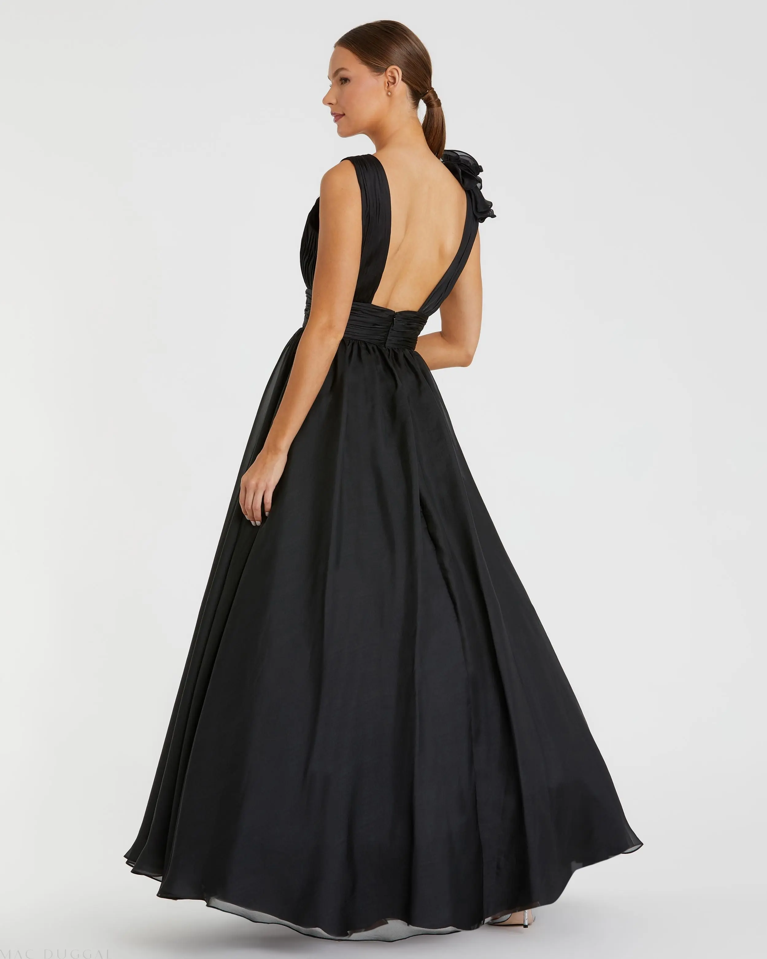 Black Ruffle Shoulder V-Neck Chiffon Gown - Image 3