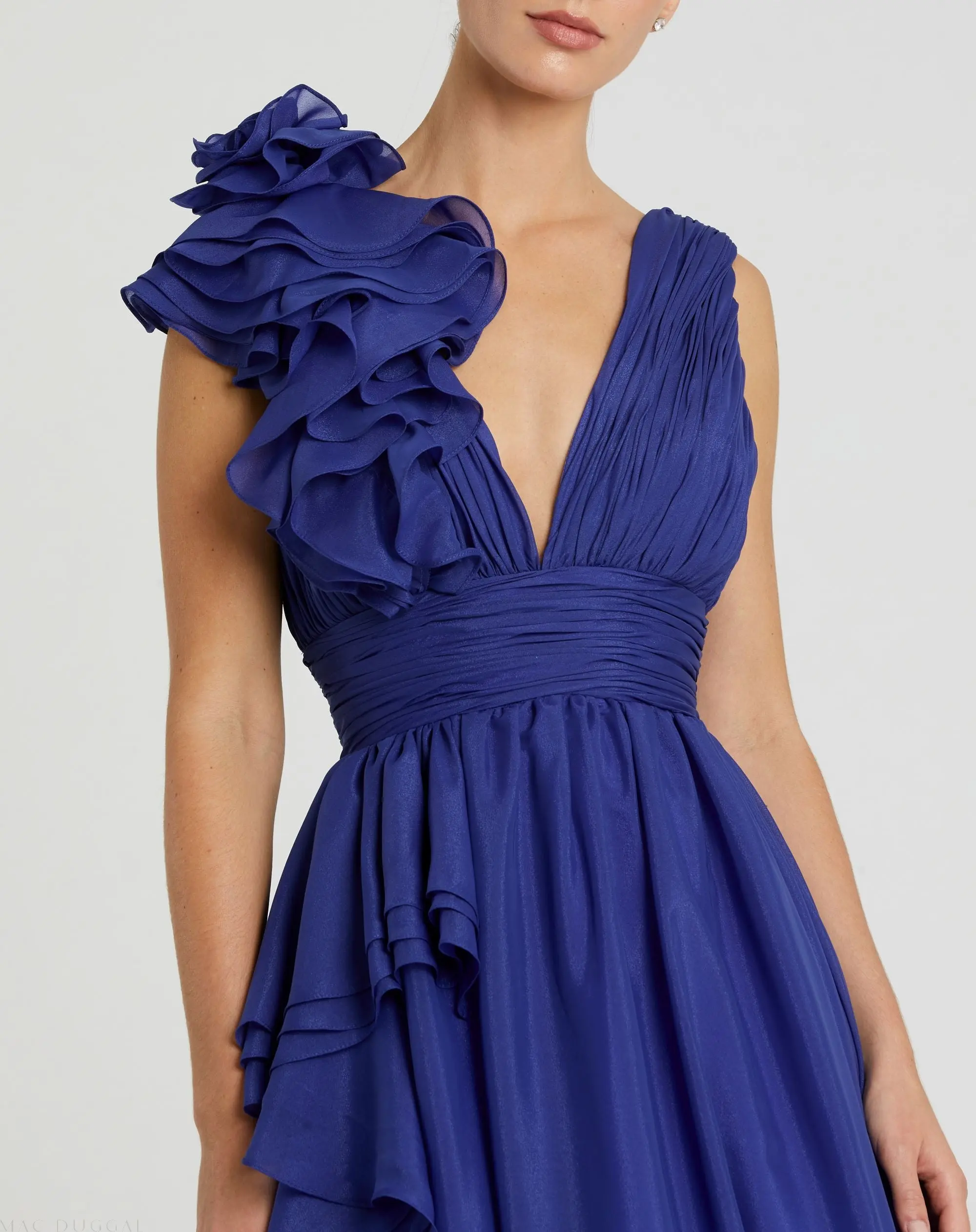 Dark Blue Ruffle Shoulder V-Neck Chiffon Gown - Image 2