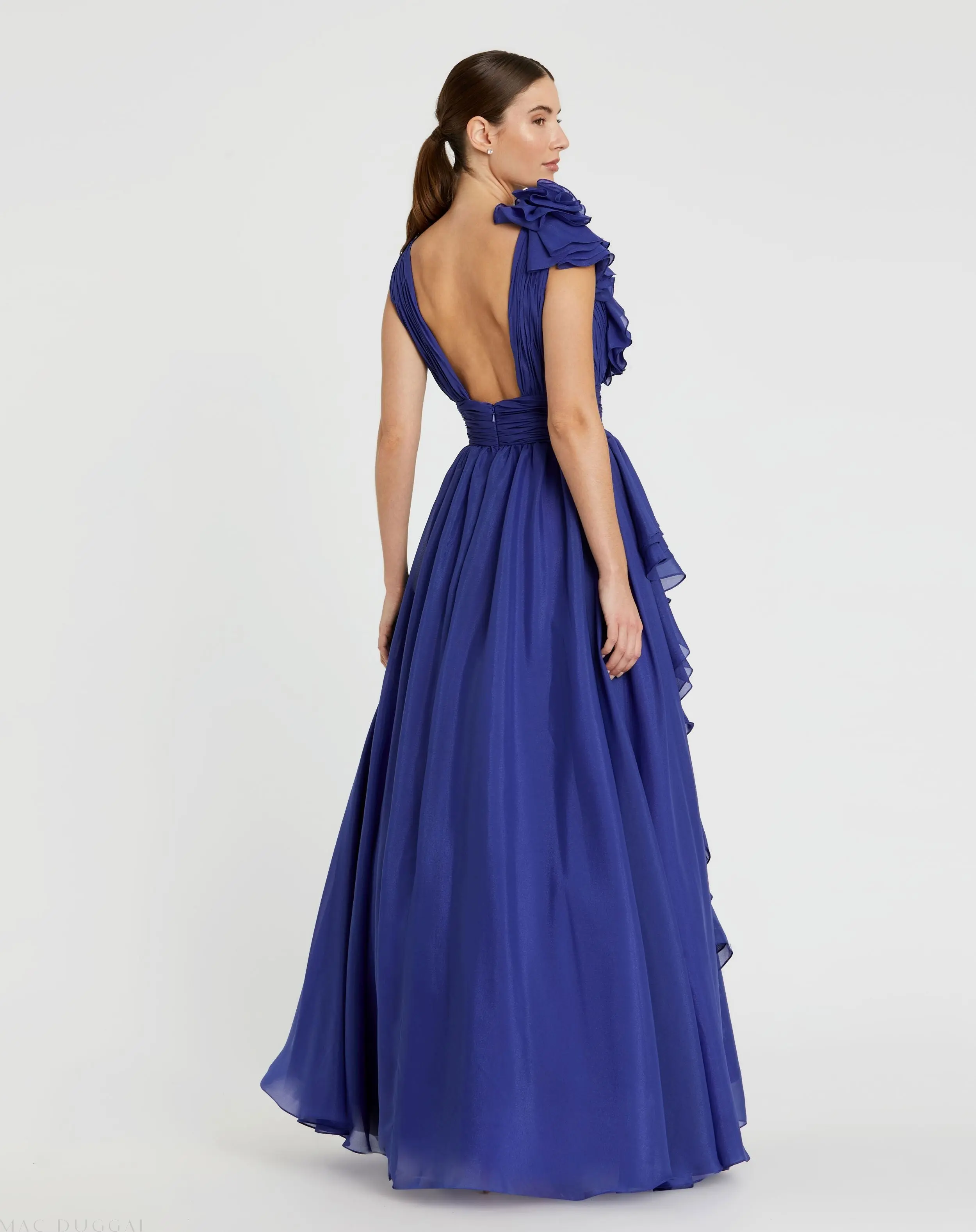 Dark Blue Ruffle Shoulder V-Neck Chiffon Gown - Image 3