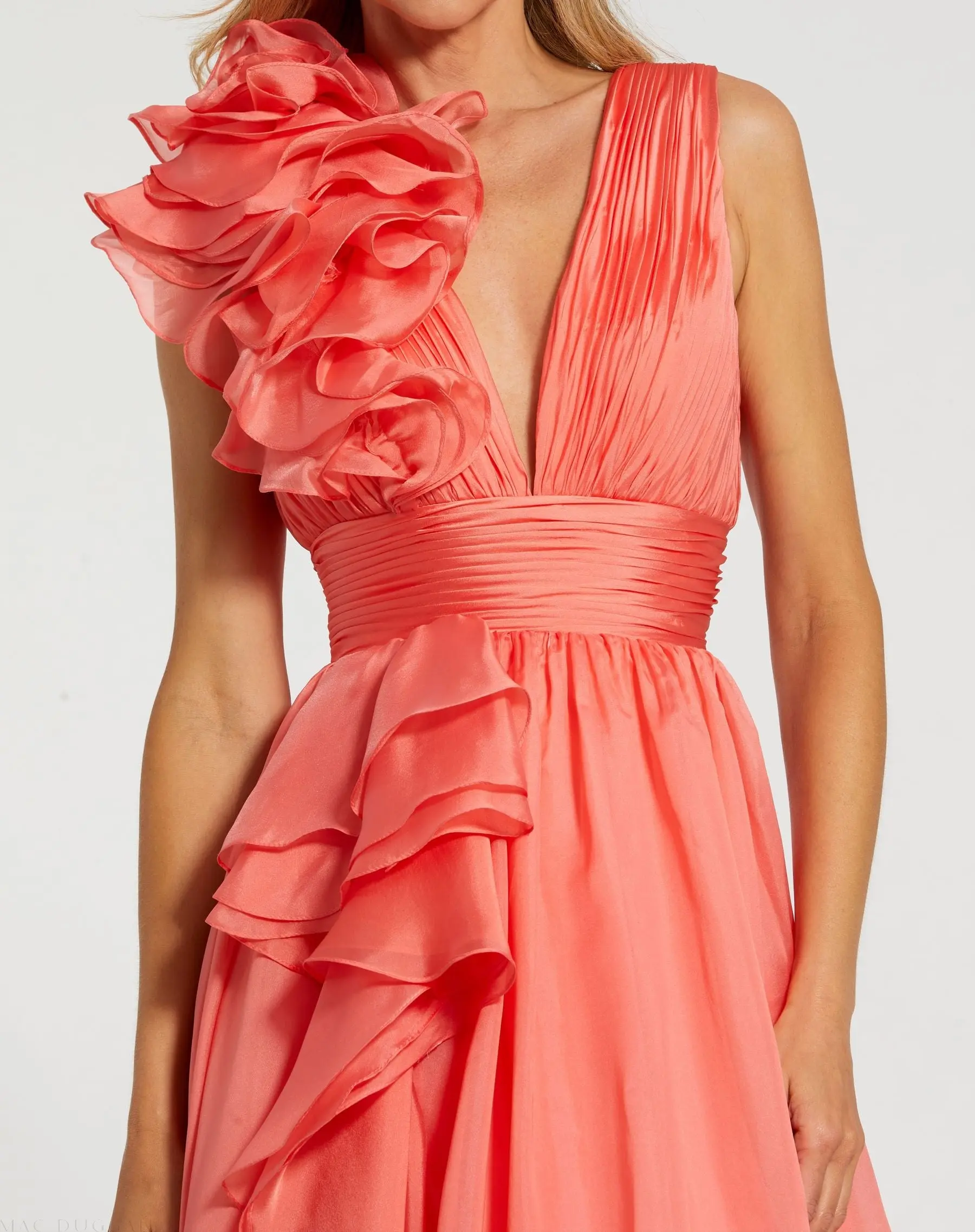 Coral Ruffle Shoulder V-Neck Chiffon Gown - Image 2