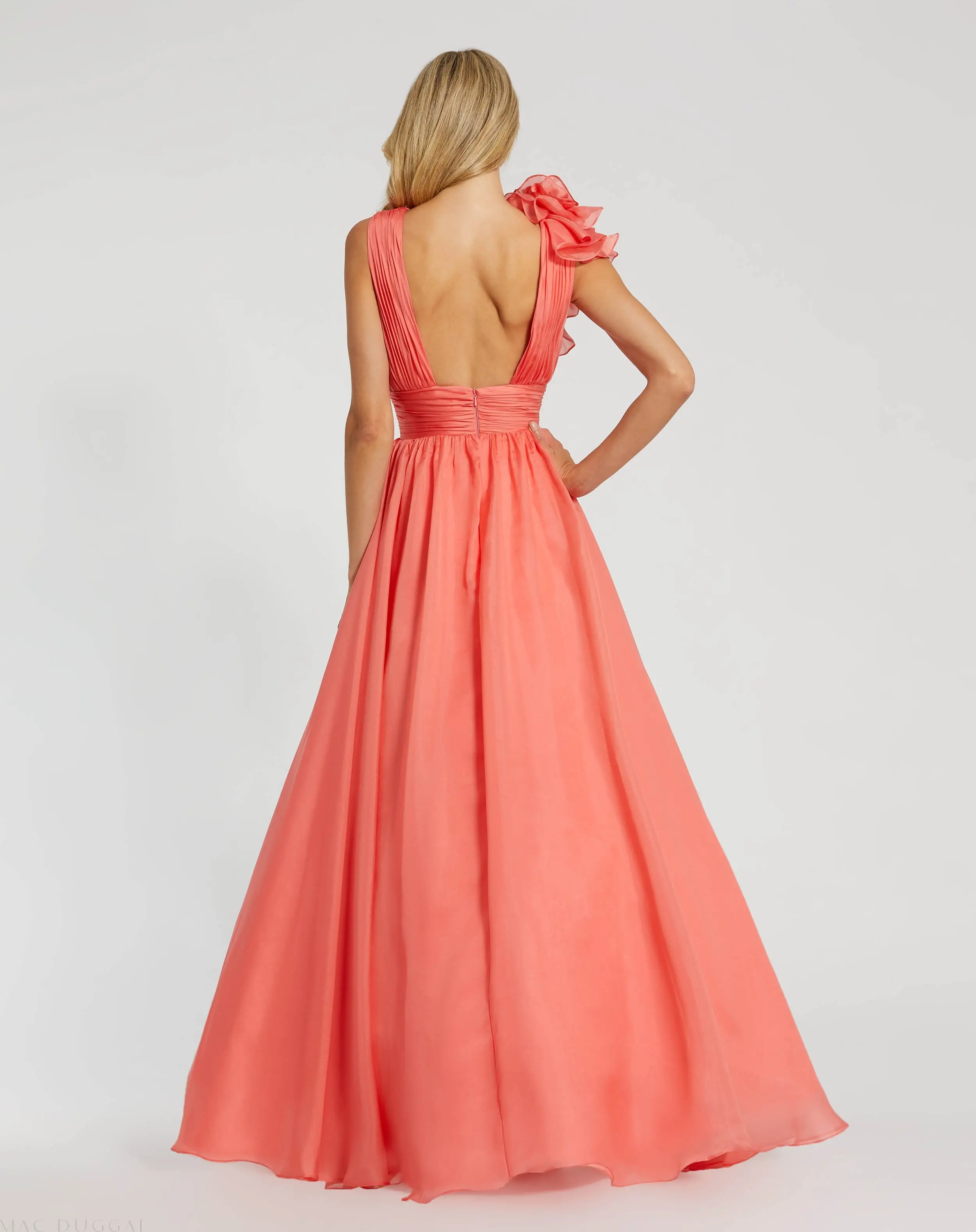 Coral Ruffle Shoulder V-Neck Chiffon Gown - Image 3