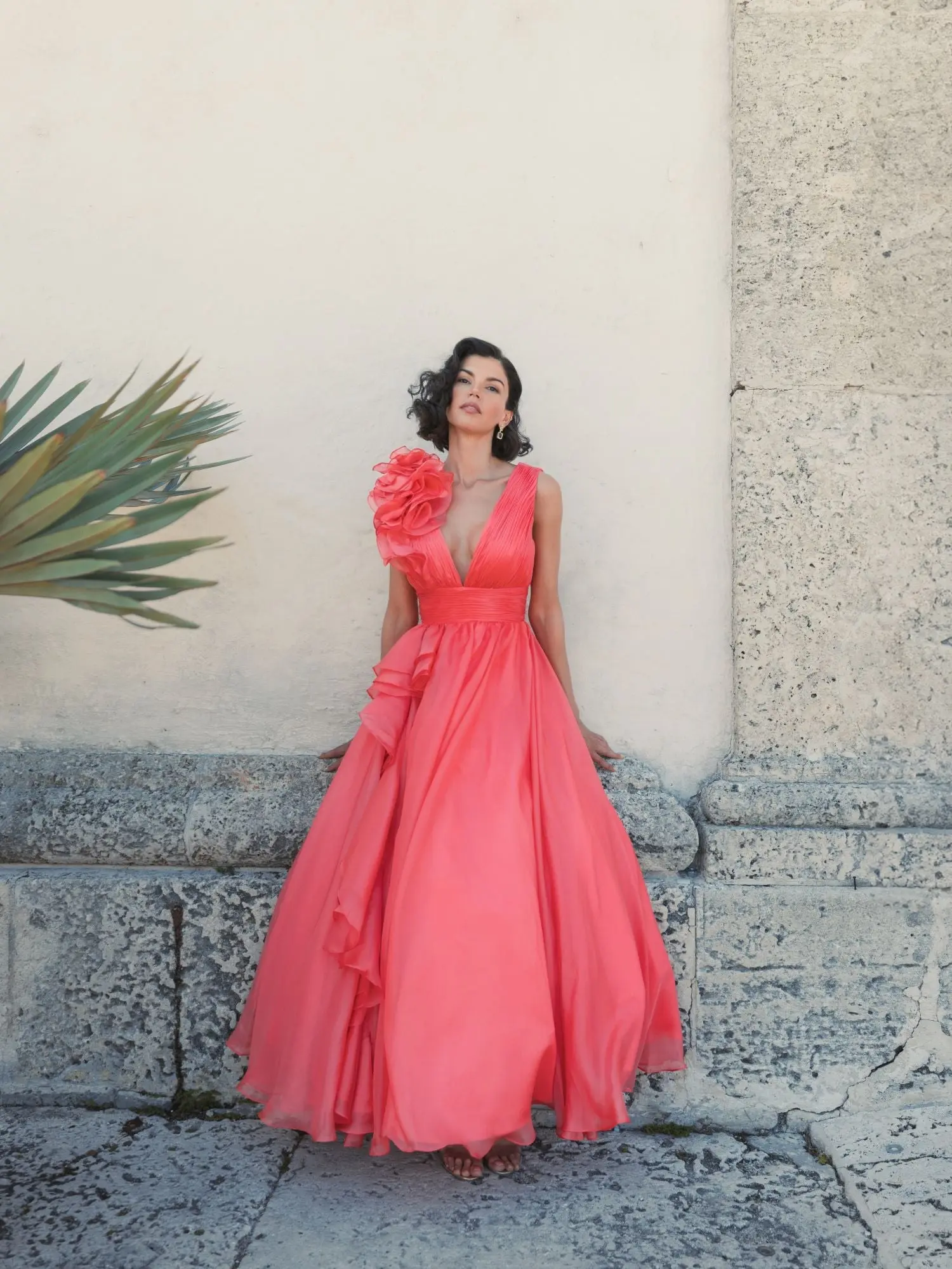 Coral Ruffle Shoulder V-Neck Chiffon Gown - Image 4