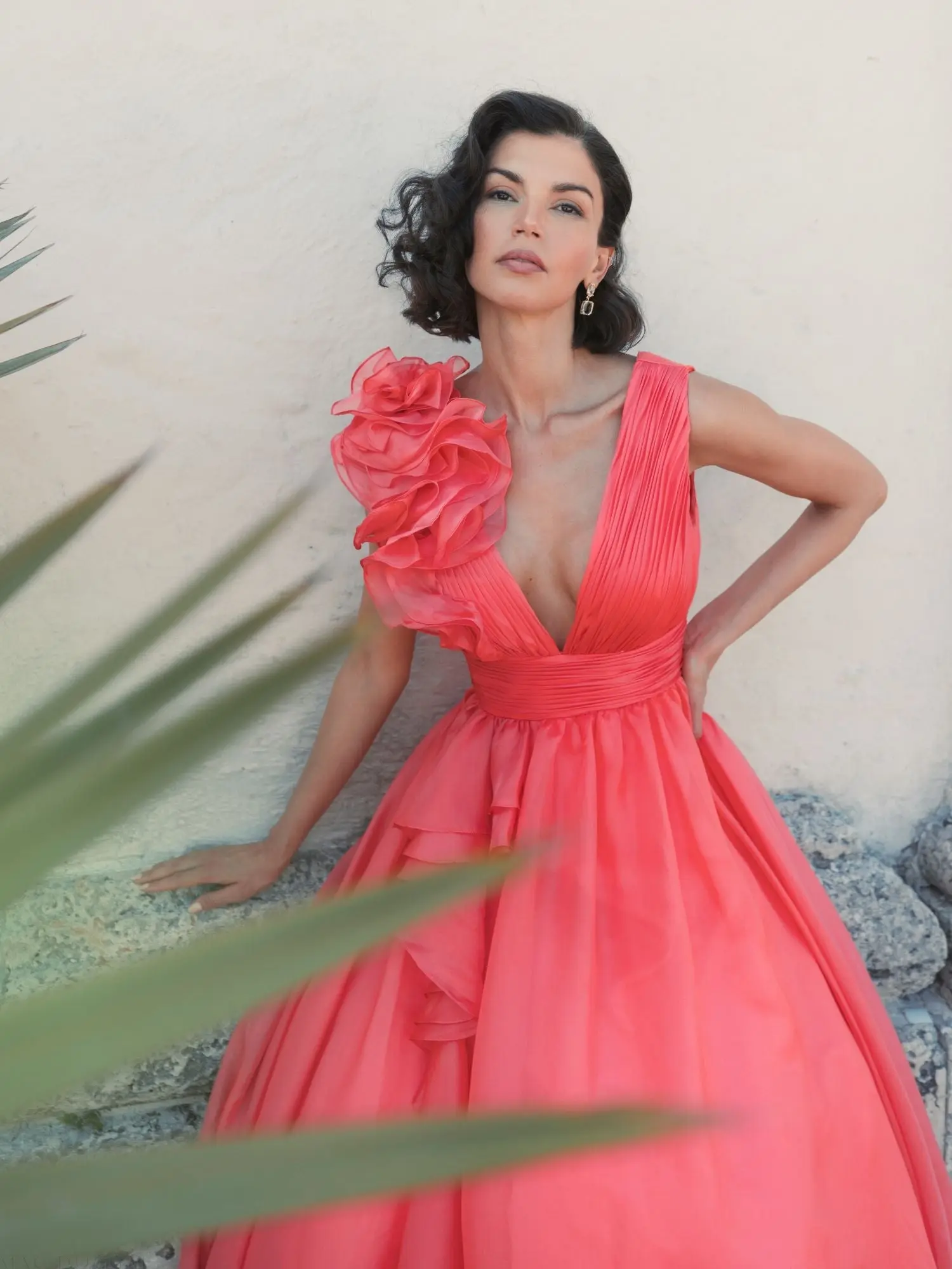 Coral Ruffle Shoulder V-Neck Chiffon Gown - Image 5