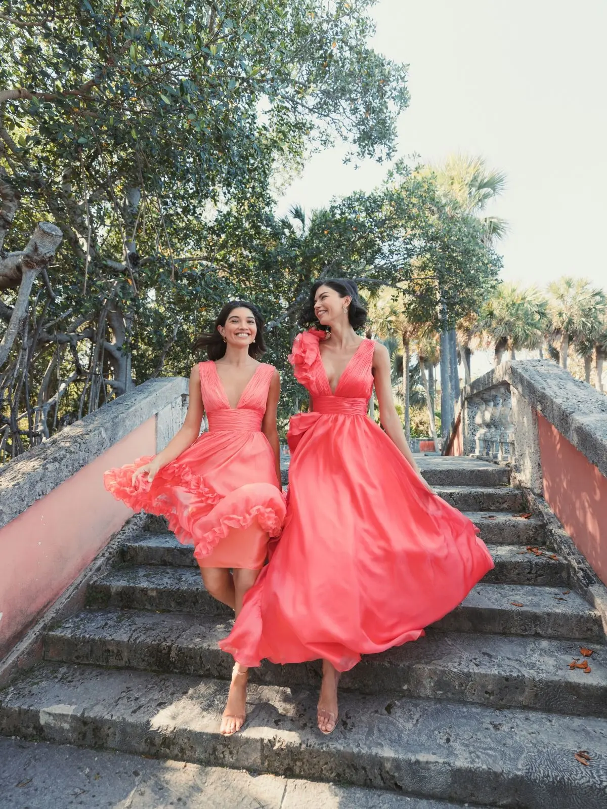 Coral Ruffle Shoulder V-Neck Chiffon Gown - Image 6