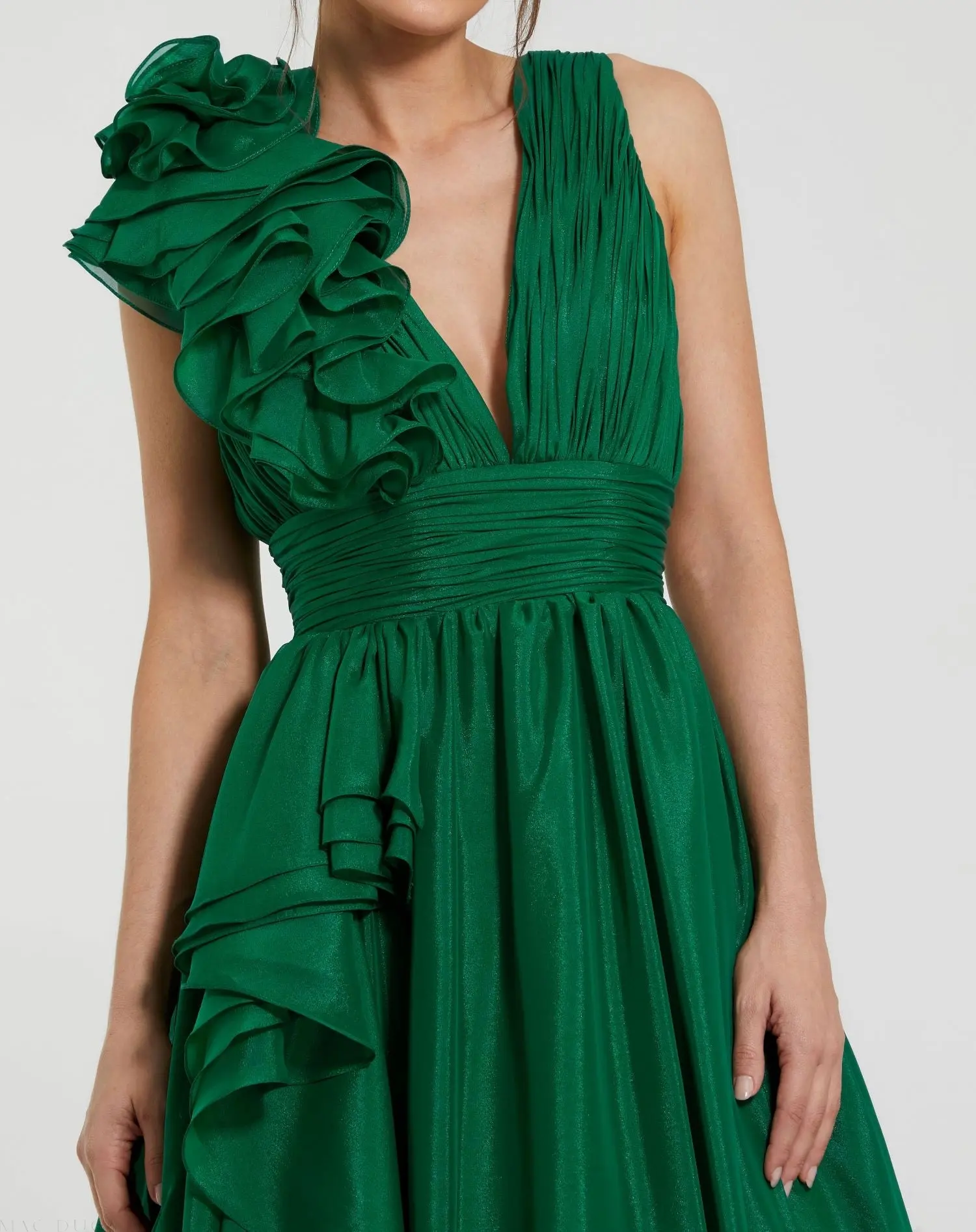 Emerald Green Ruffle Shoulder V-Neck Chiffon Gown - Image 2
