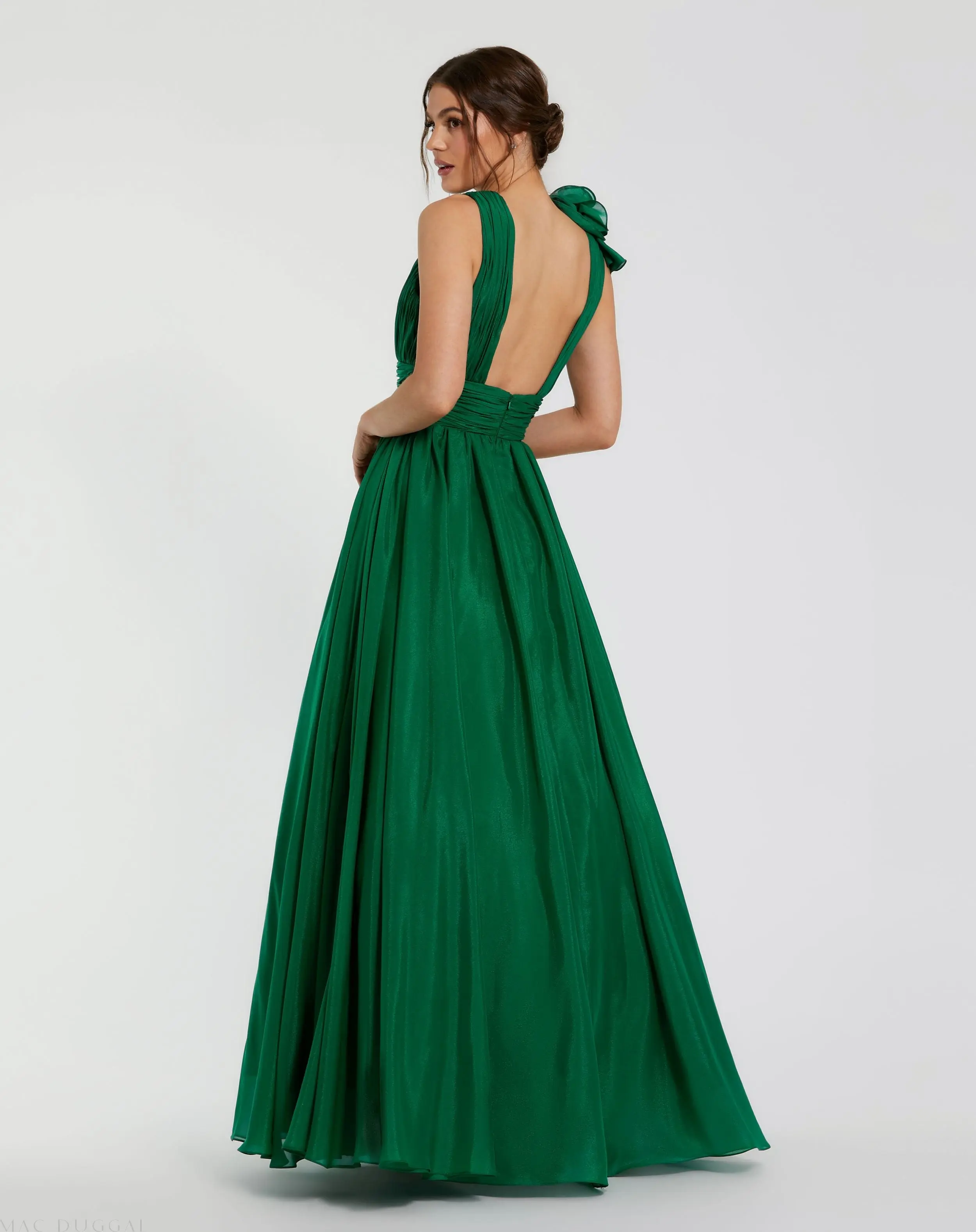 Emerald Green Ruffle Shoulder V-Neck Chiffon Gown - Image 3