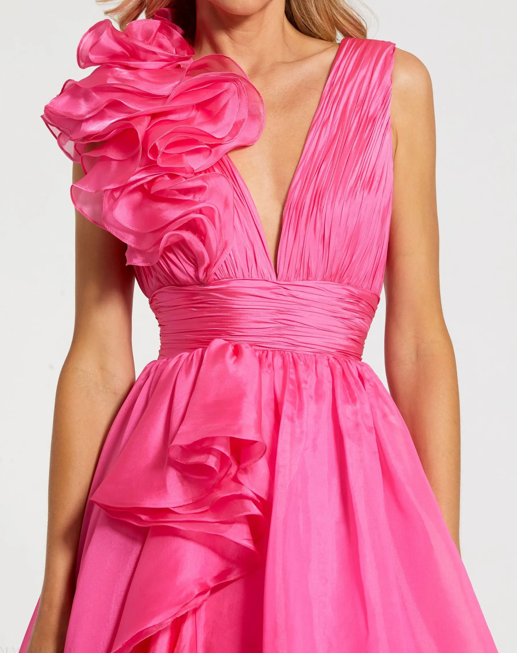Pink Ruffle Shoulder V-Neck Chiffon Gown - Image 2