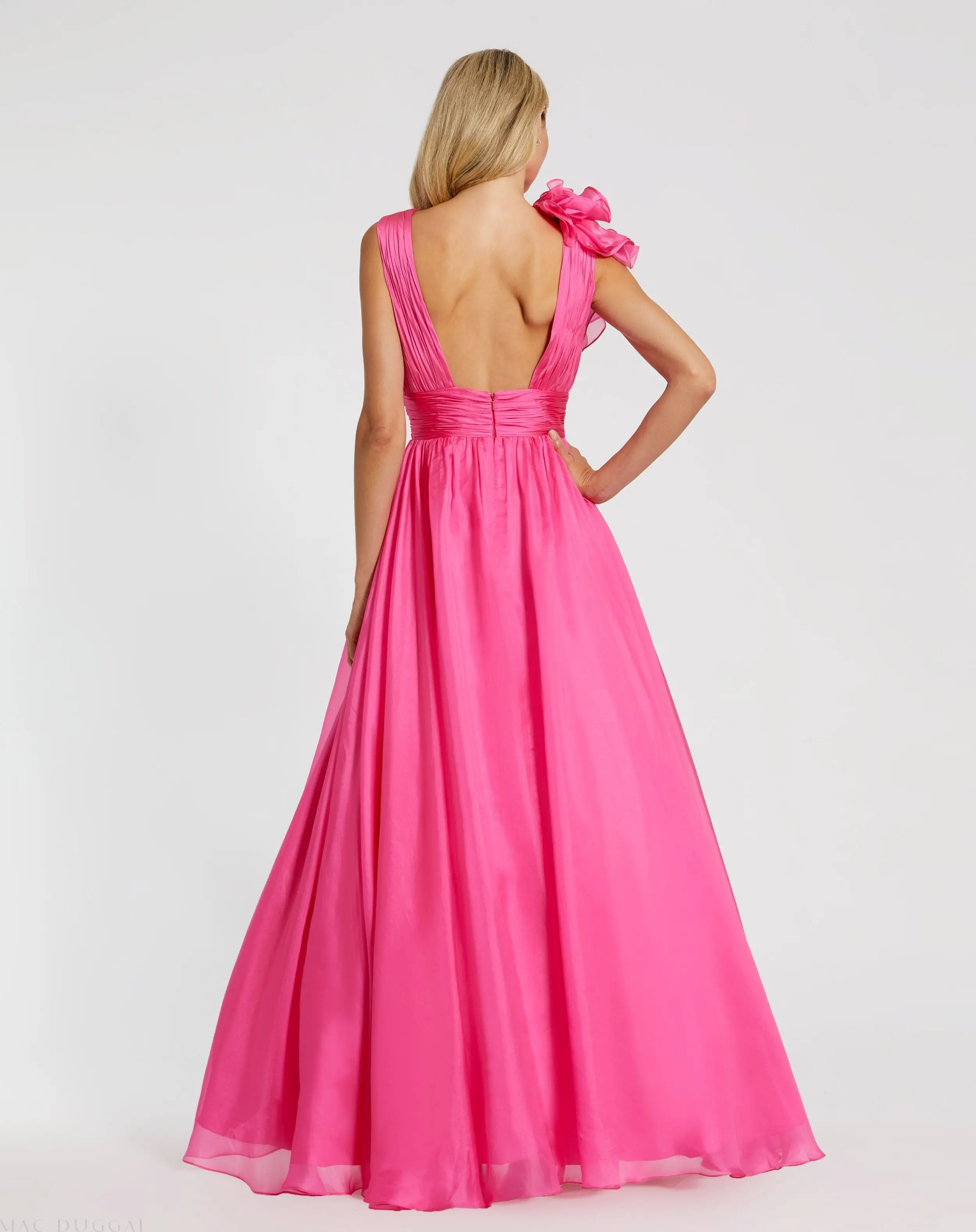 Pink Ruffle Shoulder V-Neck Chiffon Gown - Image 3