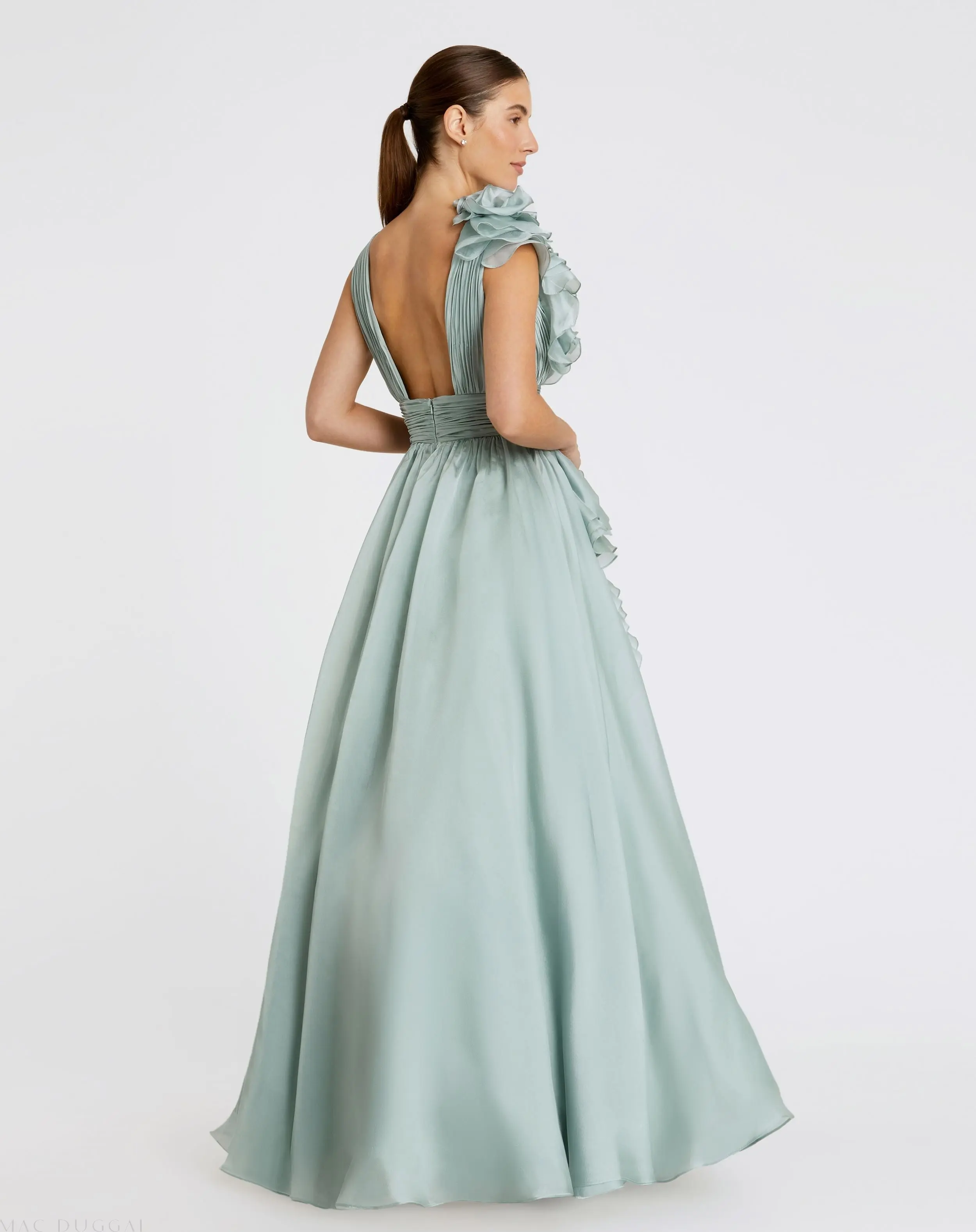 Green Ruffle Shoulder V-Neck Chiffon Gown - Image 3