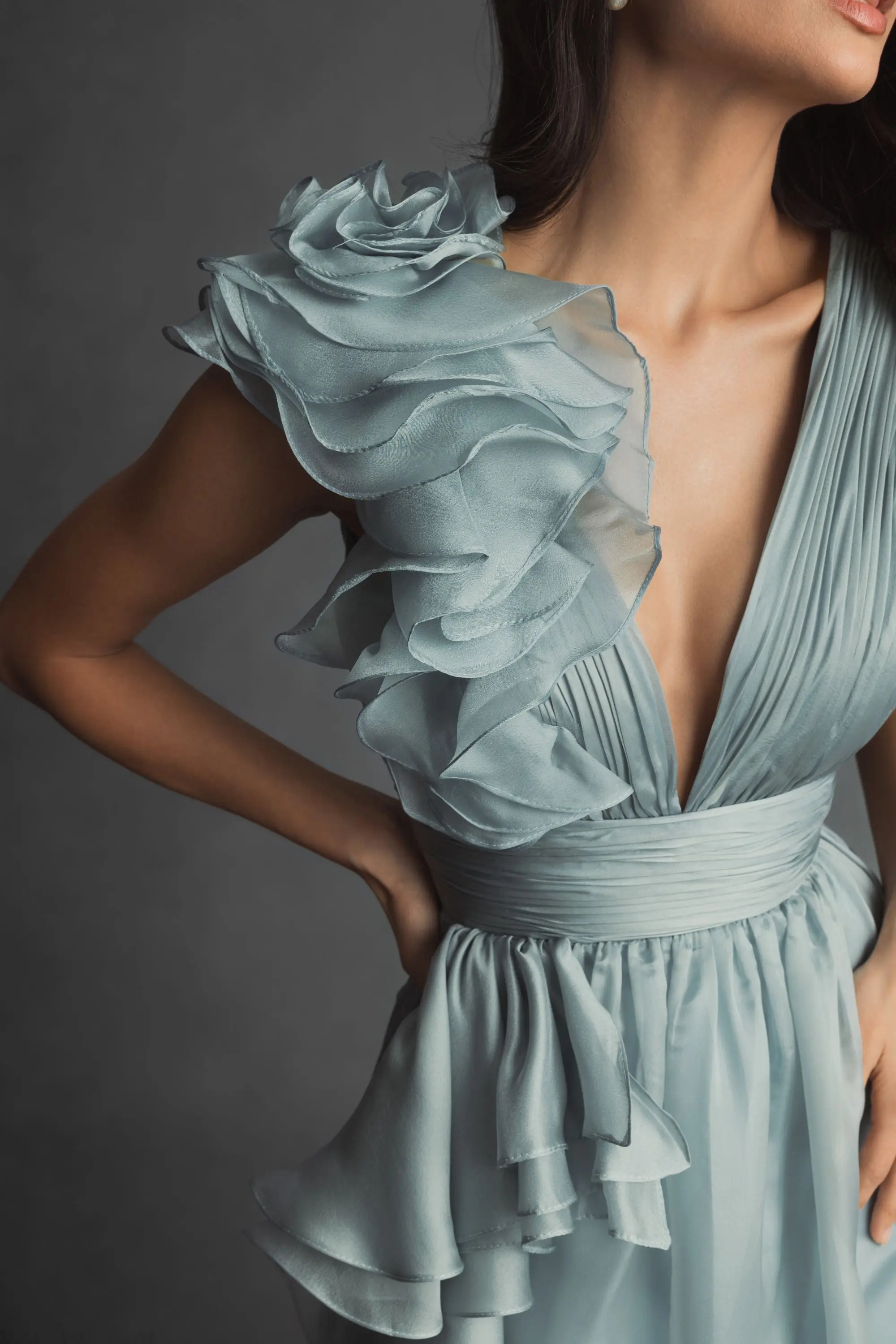 Green Ruffle Shoulder V-Neck Chiffon Gown - Image 5