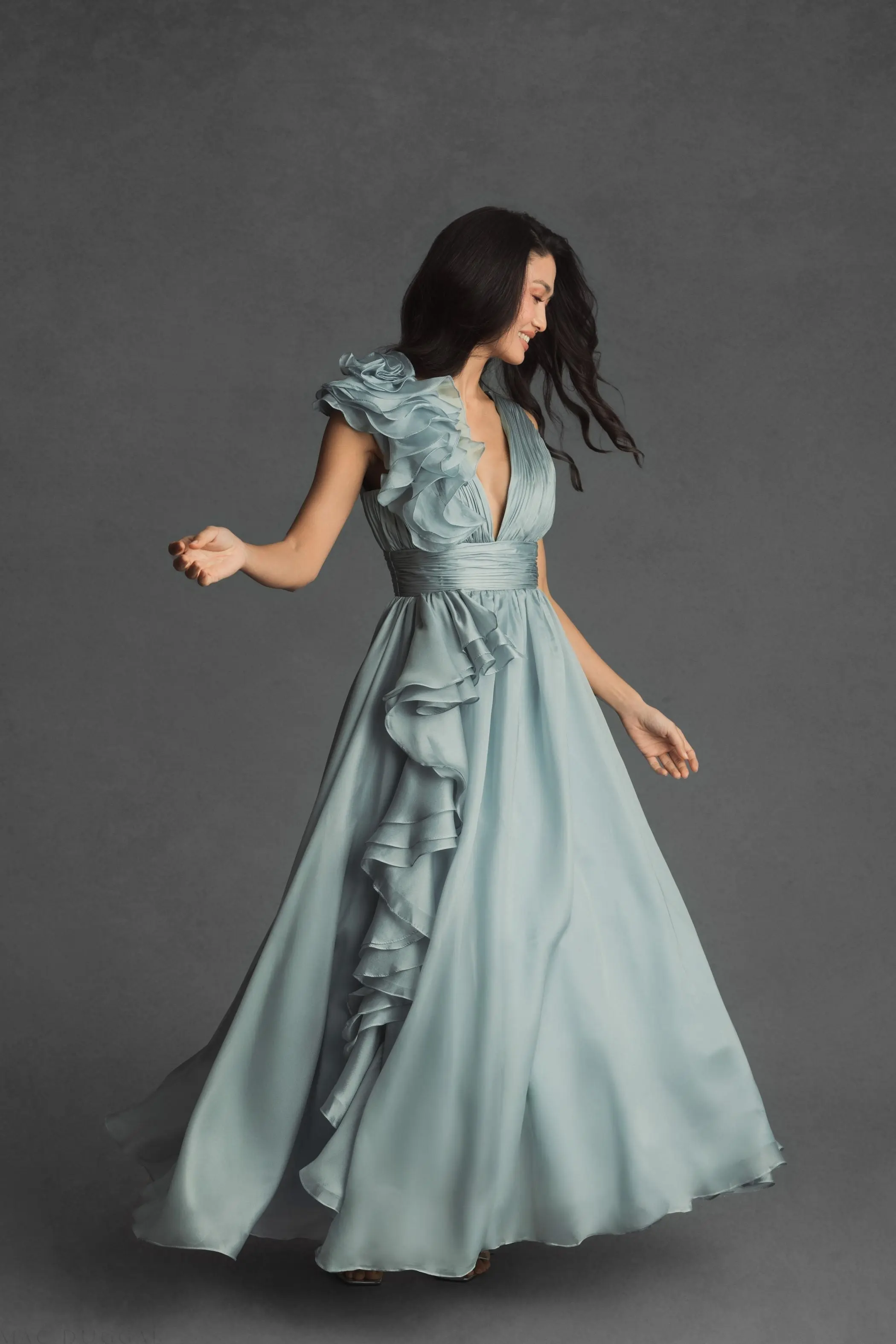 Green Ruffle Shoulder V-Neck Chiffon Gown - Image 6