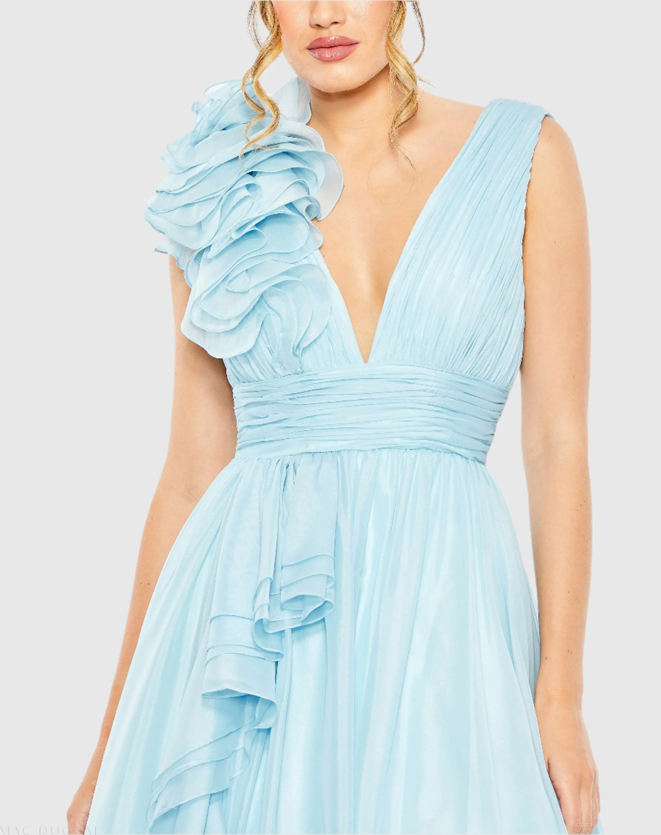 Light Blue Ruffle Shoulder V-Neck Chiffon Gown - Image 2