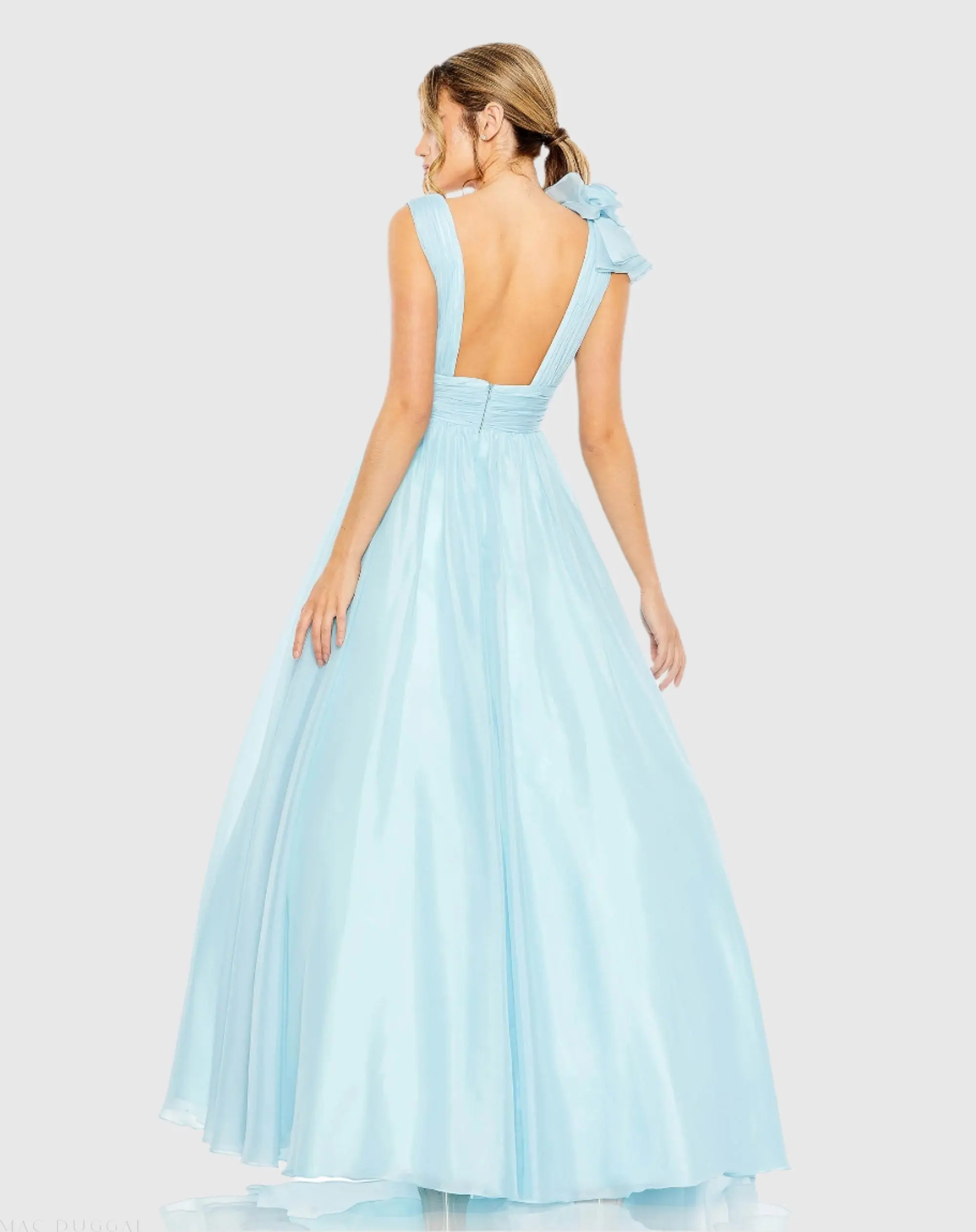 Light Blue Ruffle Shoulder V-Neck Chiffon Gown - Image 3