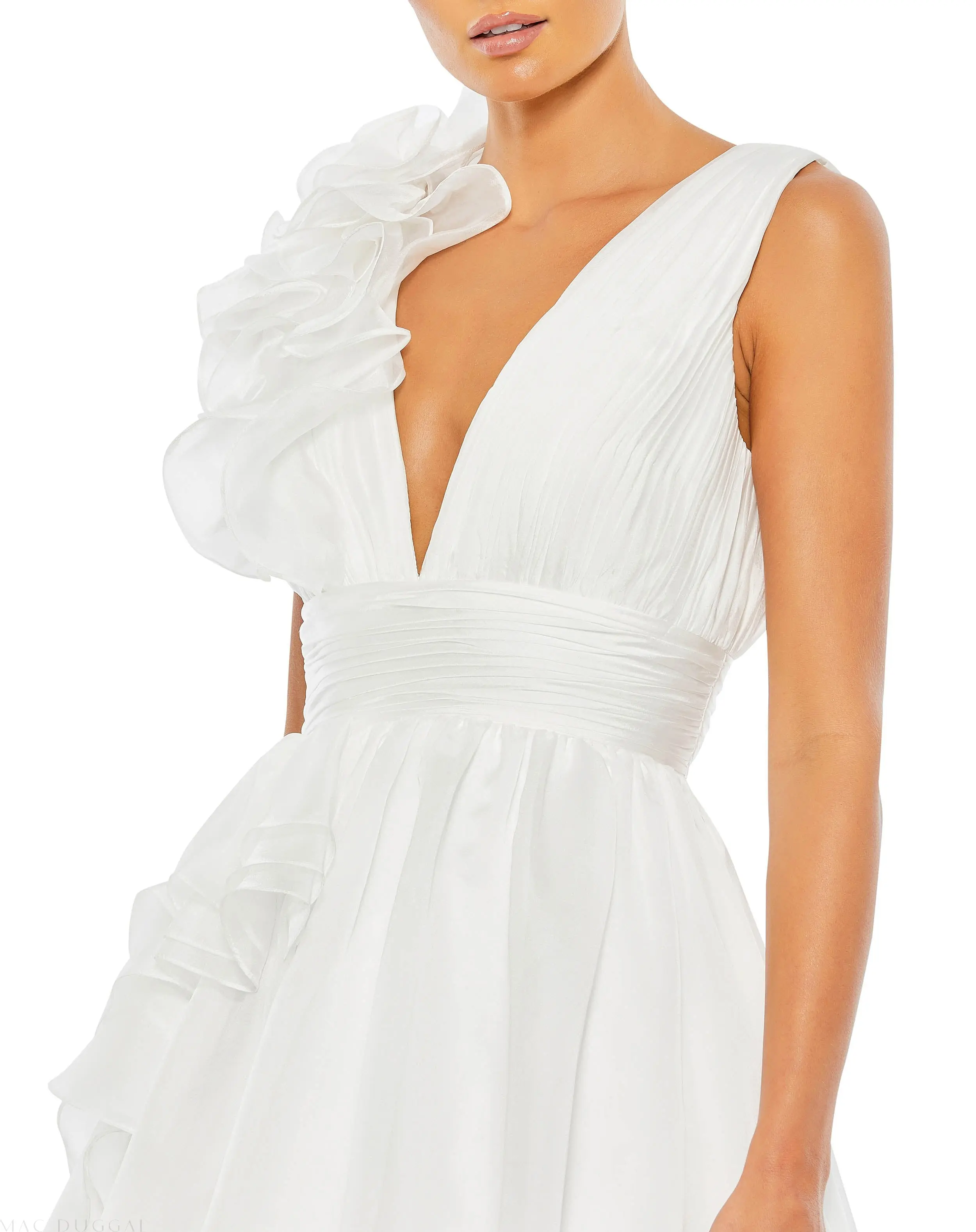 White Ruffle Shoulder V-Neck Chiffon Gown - Image 2