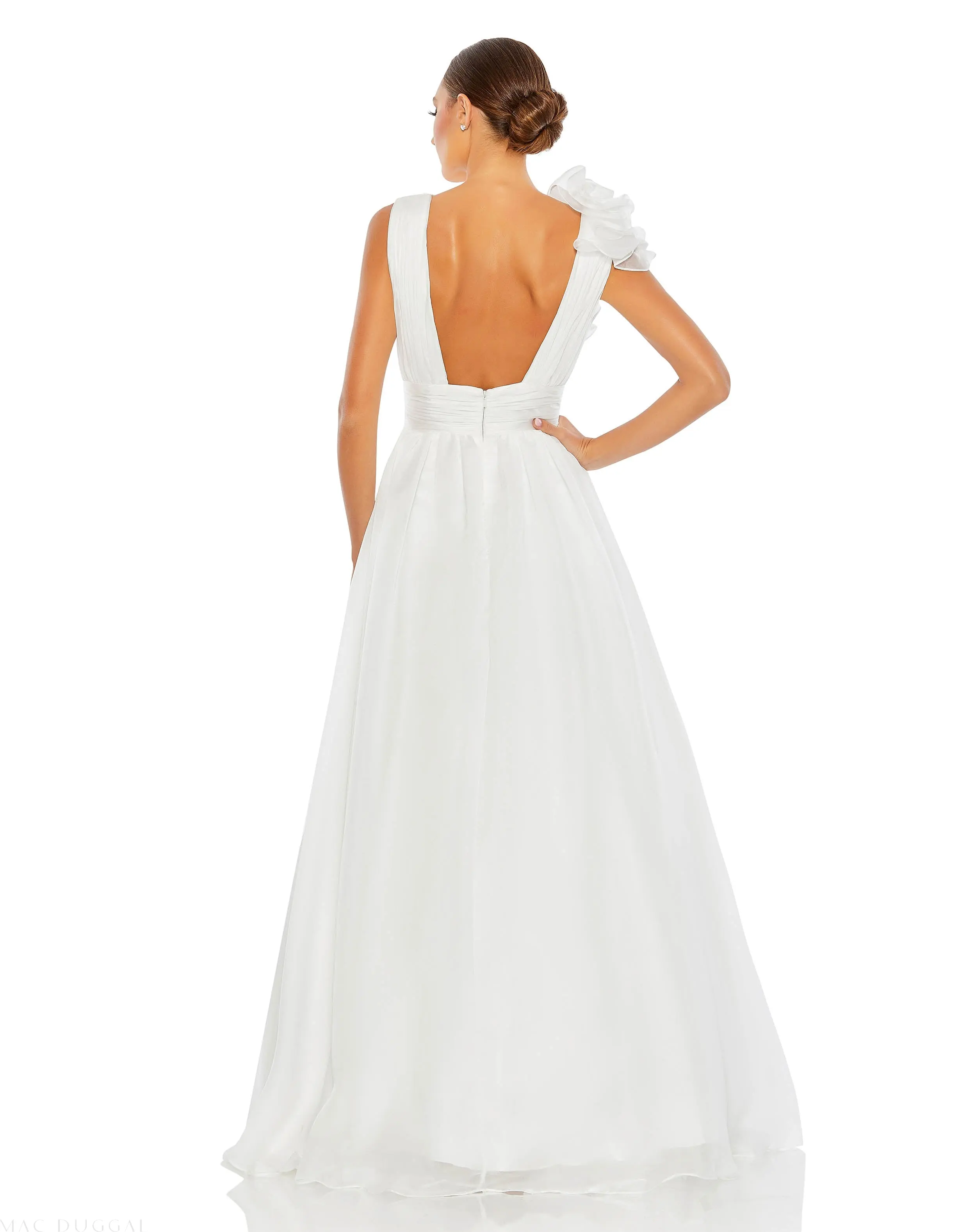 White Ruffle Shoulder V-Neck Chiffon Gown - Image 3