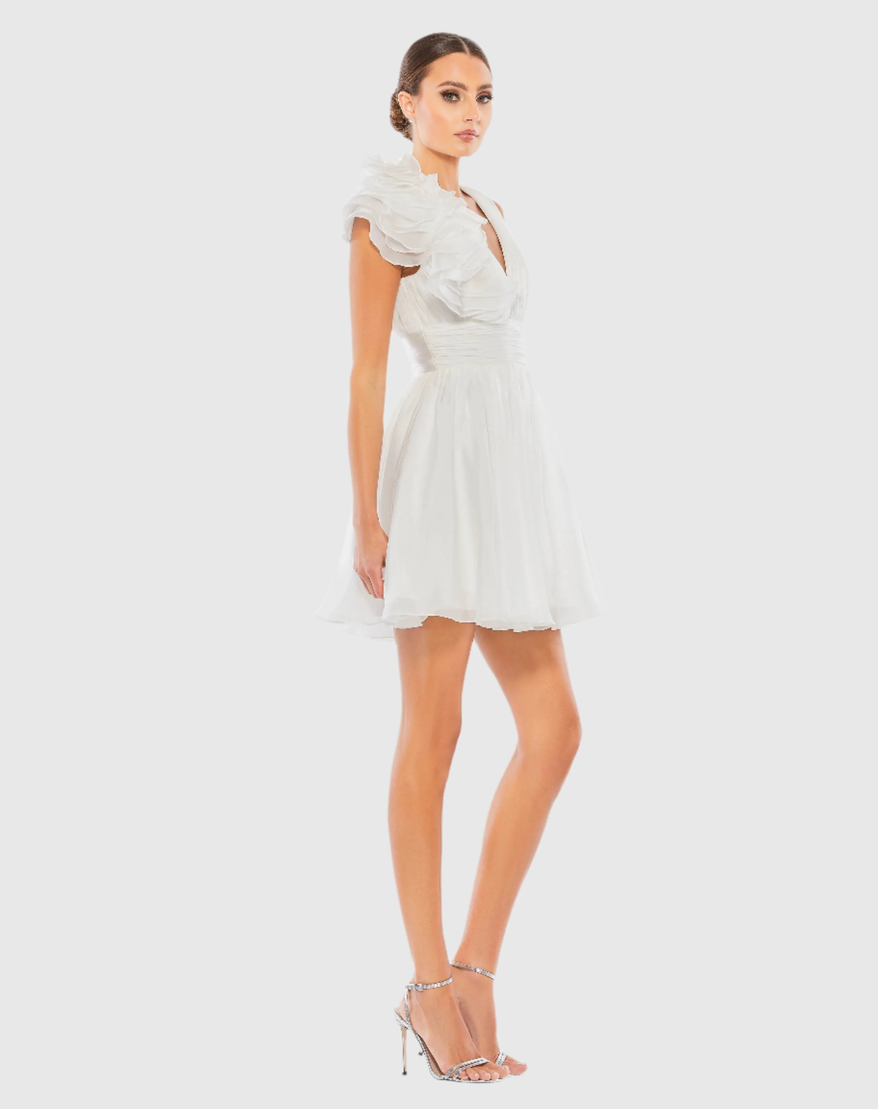 White Ruffle V Neck Fit & Flare Mini Dress - Image 3