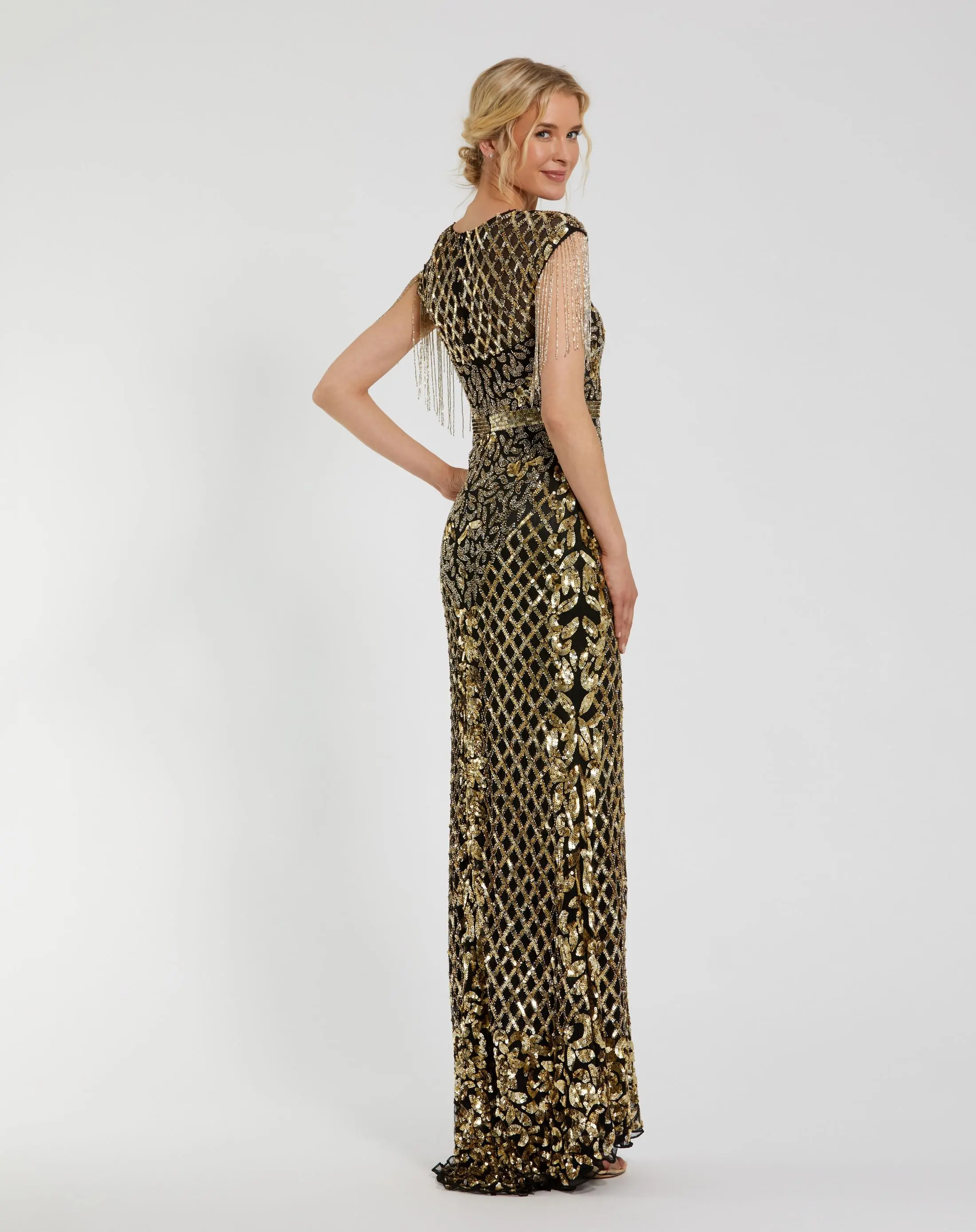 Black High Neck Beaded Fringe Fitted Gown - Image 3