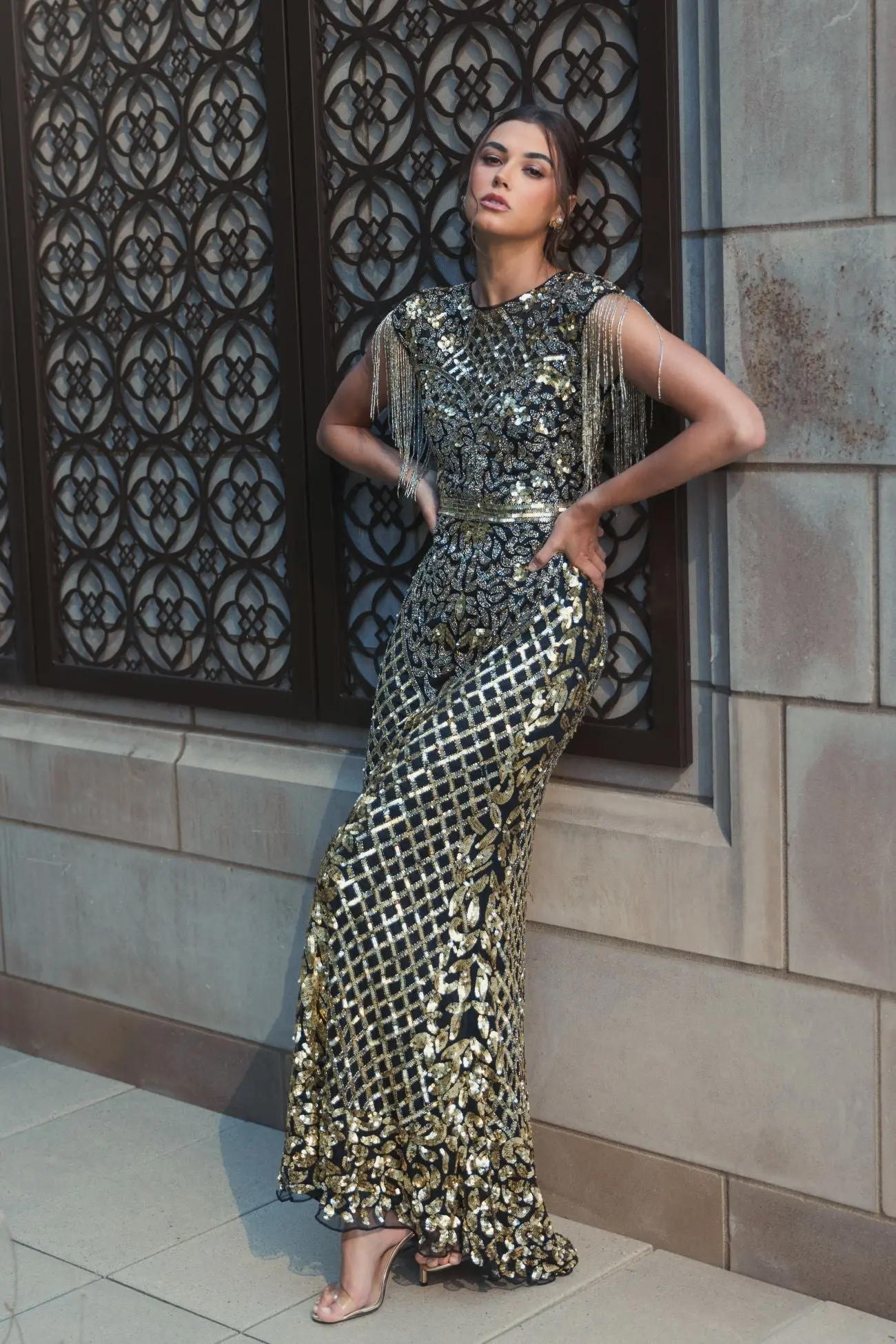 Black High Neck Beaded Fringe Fitted Gown - Image 4