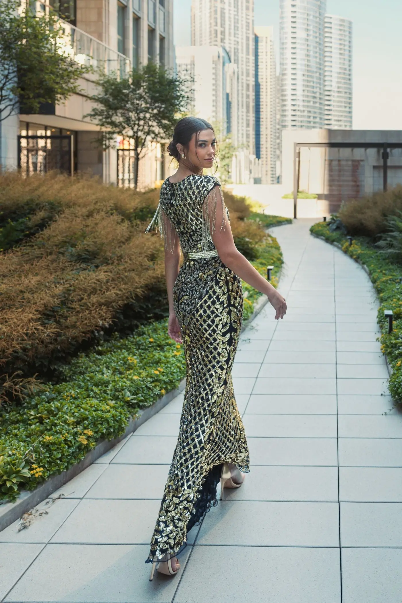 Black High Neck Beaded Fringe Fitted Gown - Image 6