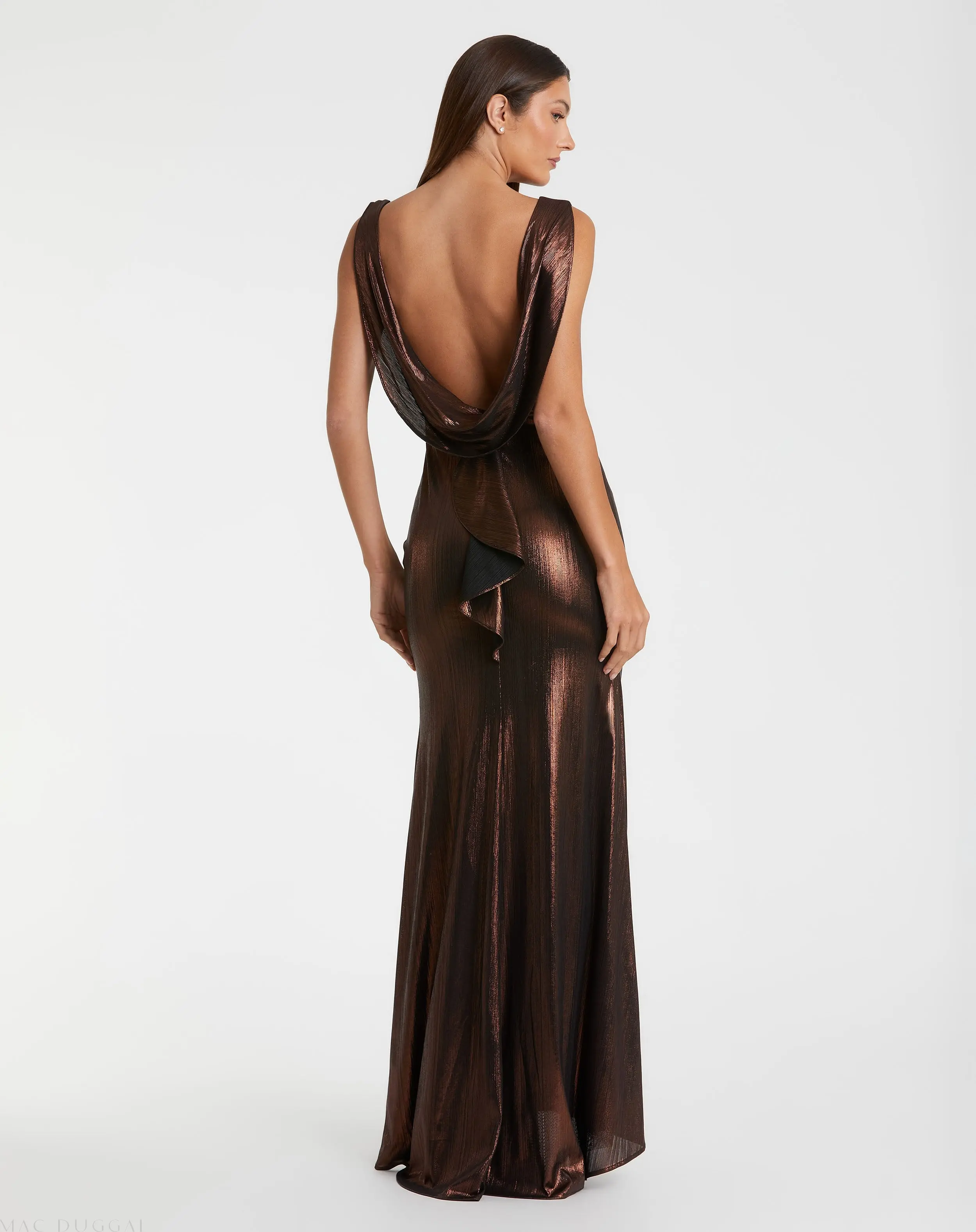 Brown Metallic Jersey Cowl Back Column Gown - Image 3