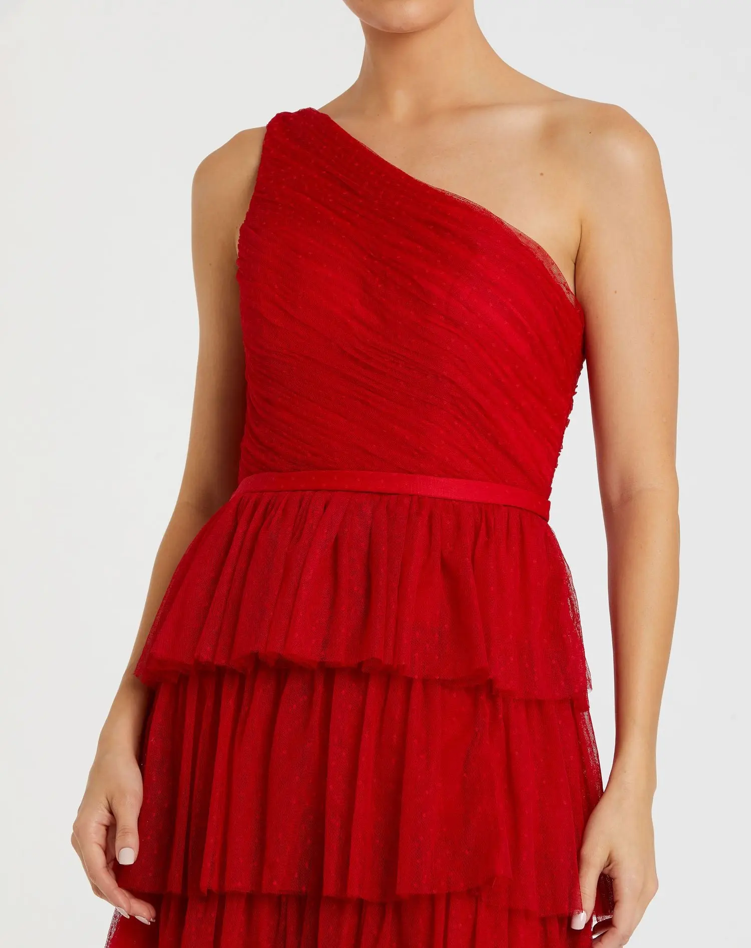 Red One Shoulder Layered Tiered Tulle Gown - Image 2