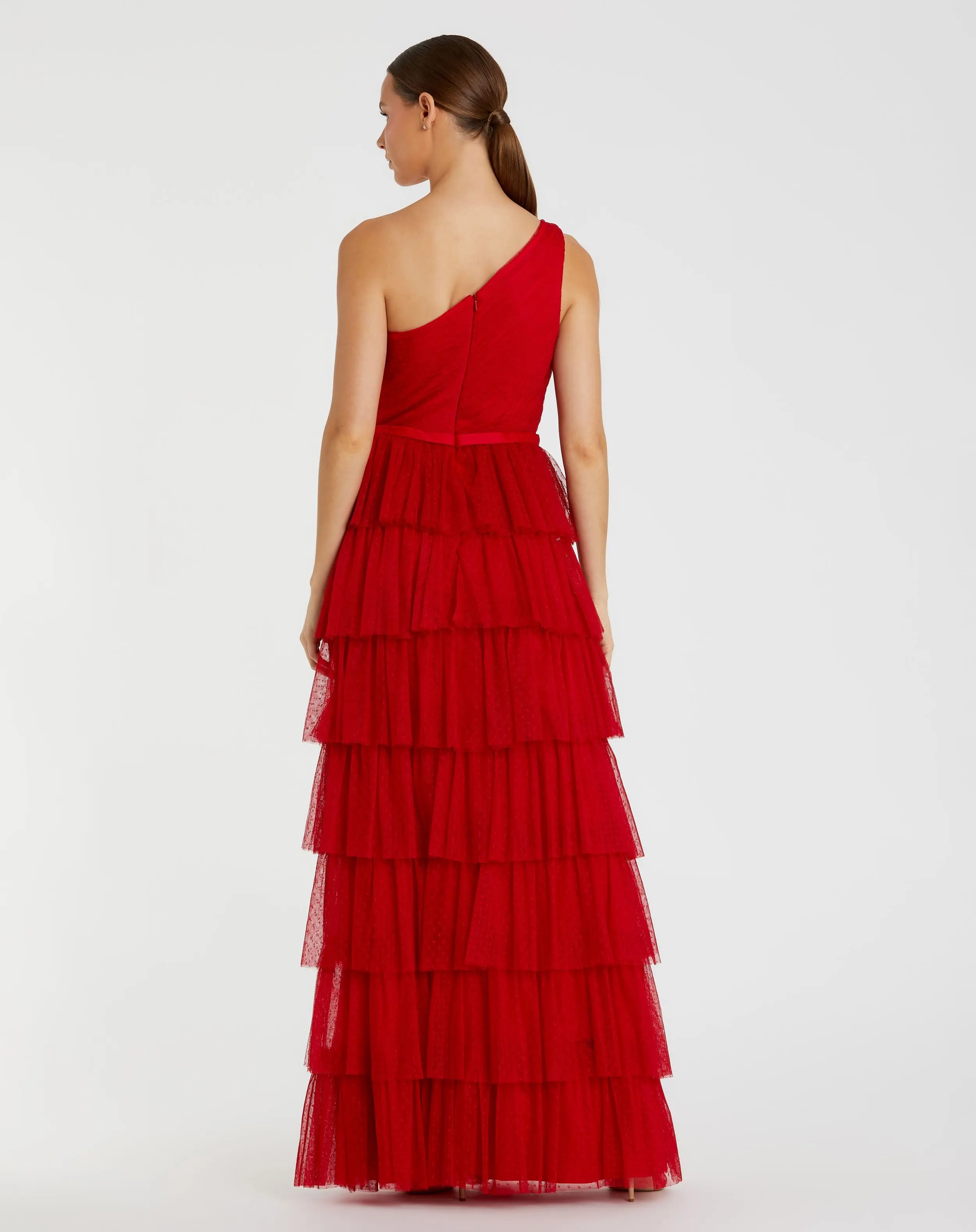Red One Shoulder Layered Tiered Tulle Gown - Image 3