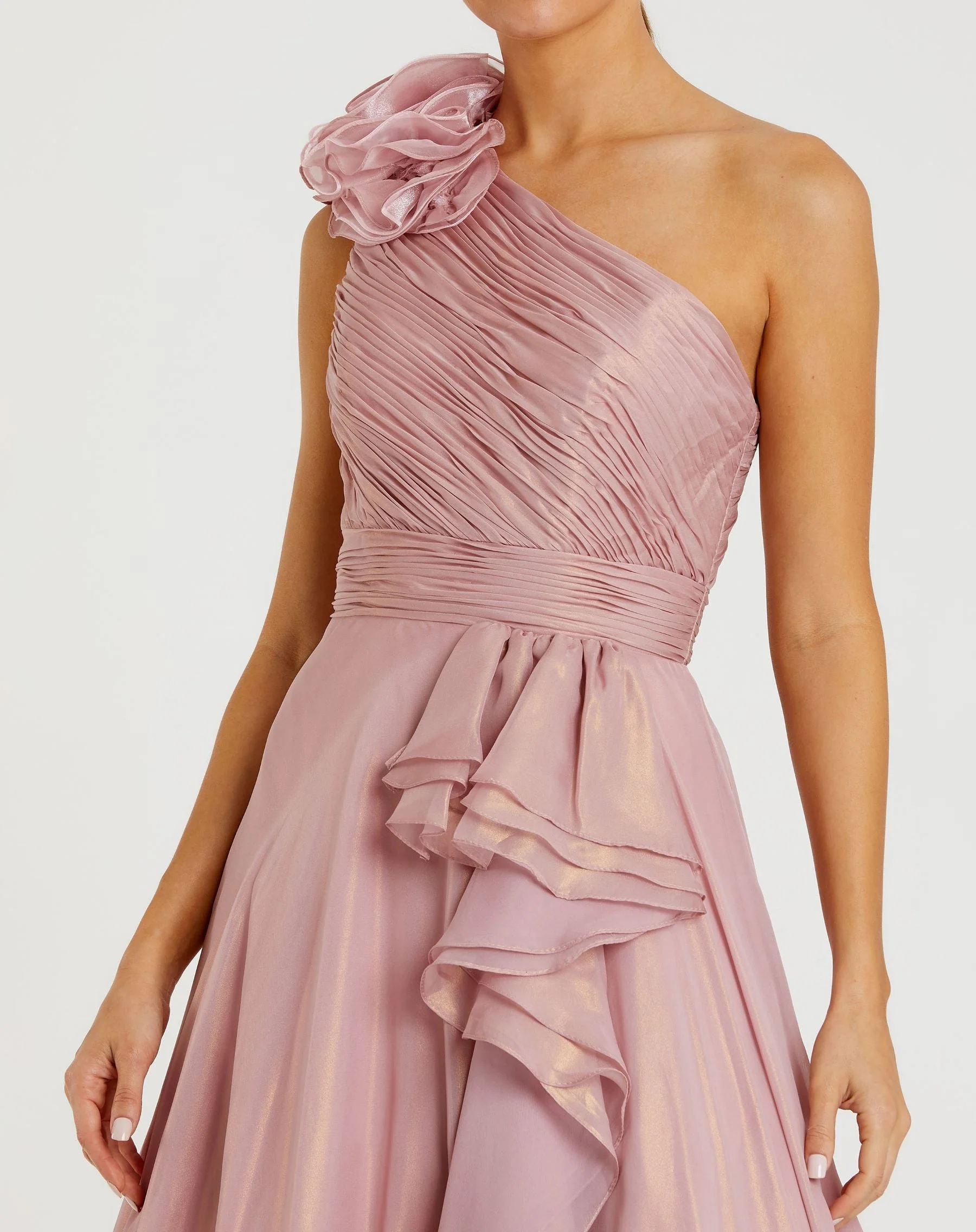 Pink Iridescent One Shoulder Rosette Ball Gown - Image 2