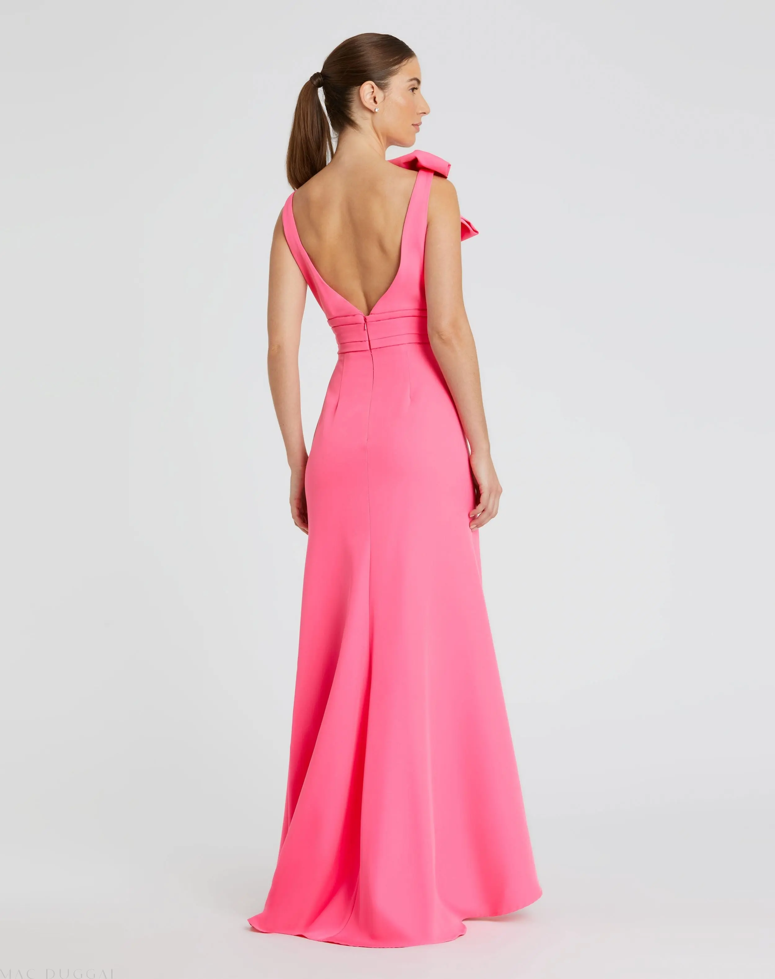 Pink Sleeveless V Neck Bow Detail Mermaid Gown - Image 3