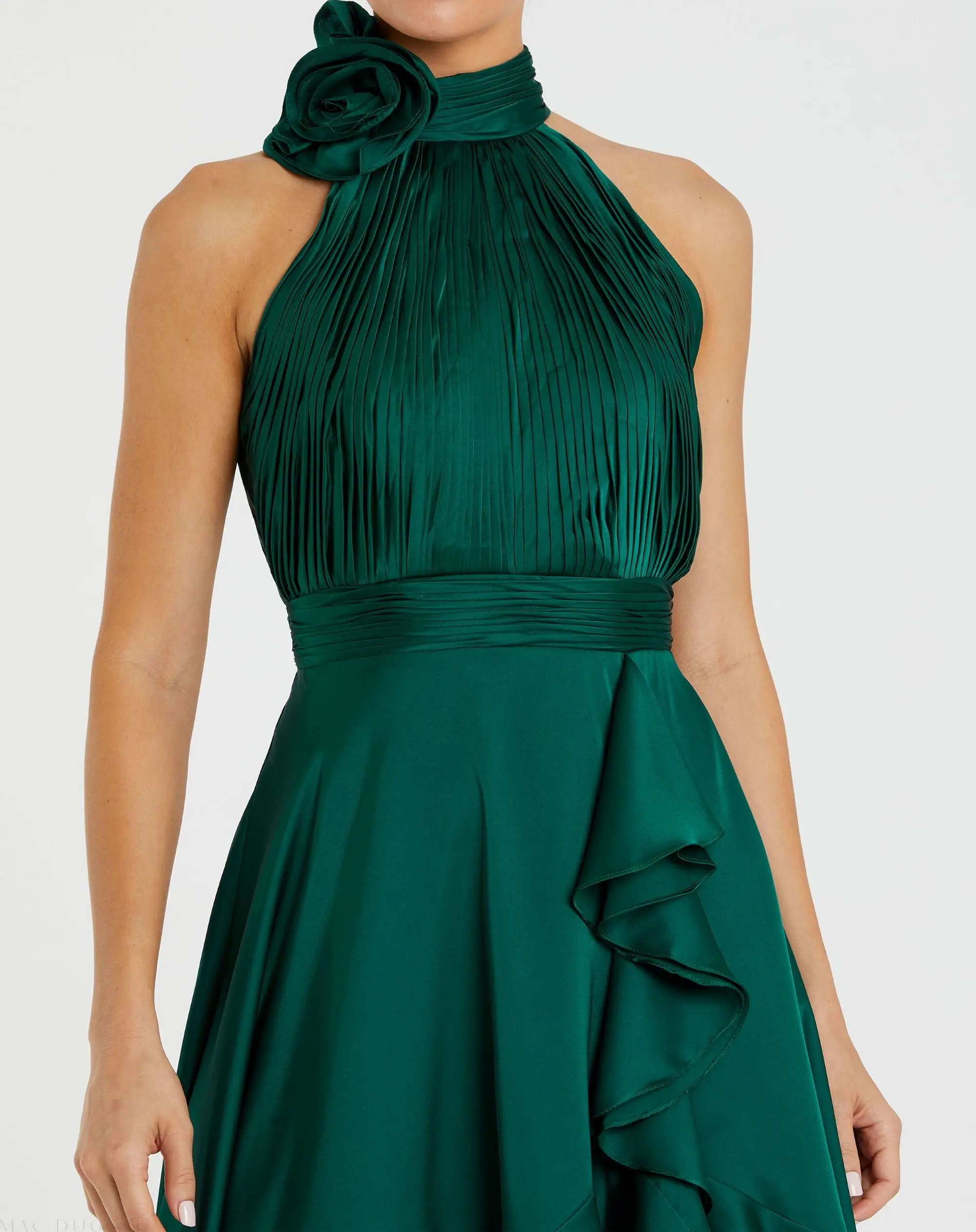 Green Halter Neck Flower Detail Ruffled Midi Dress - Image 2