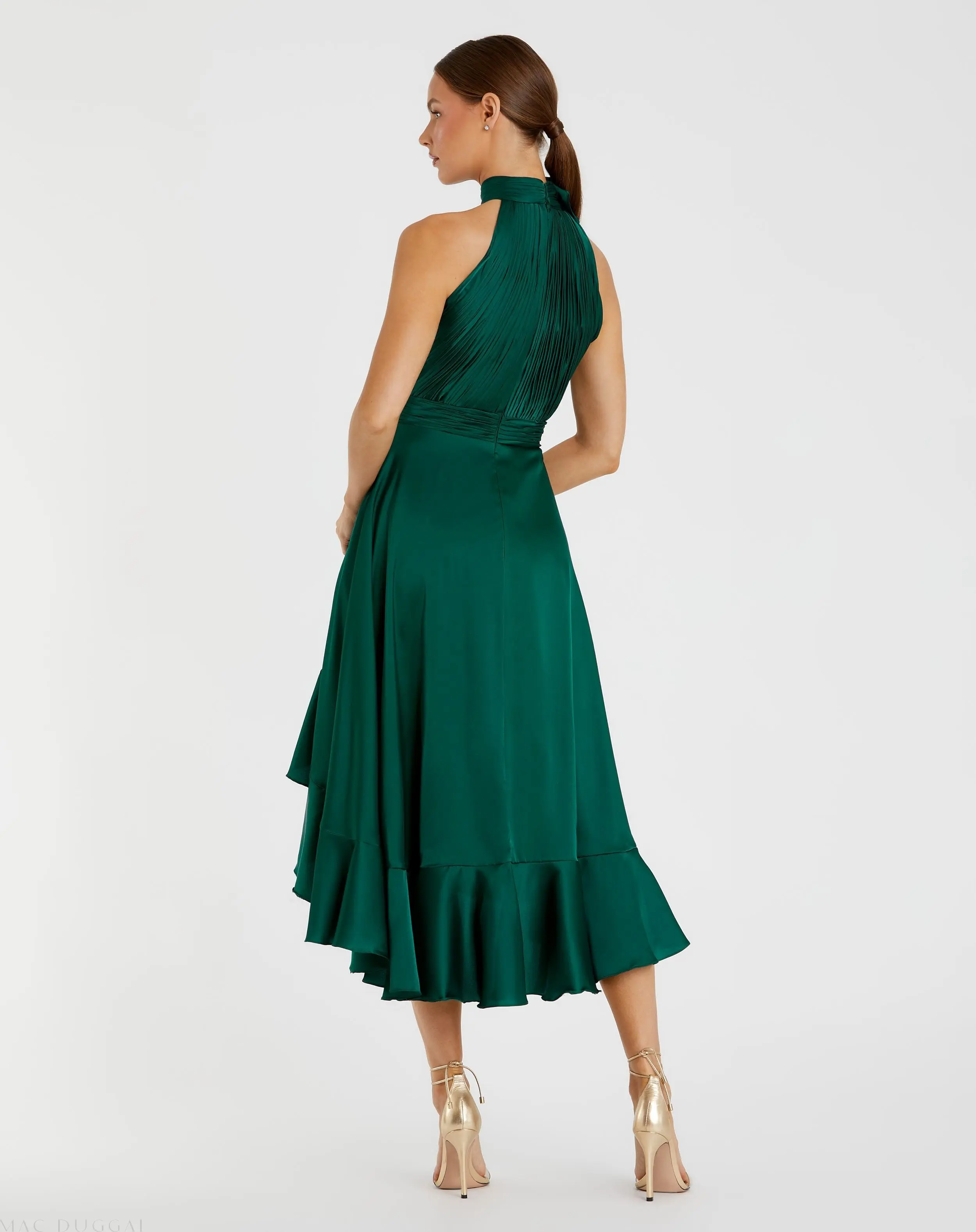 Green Halter Neck Flower Detail Ruffled Midi Dress - Image 3