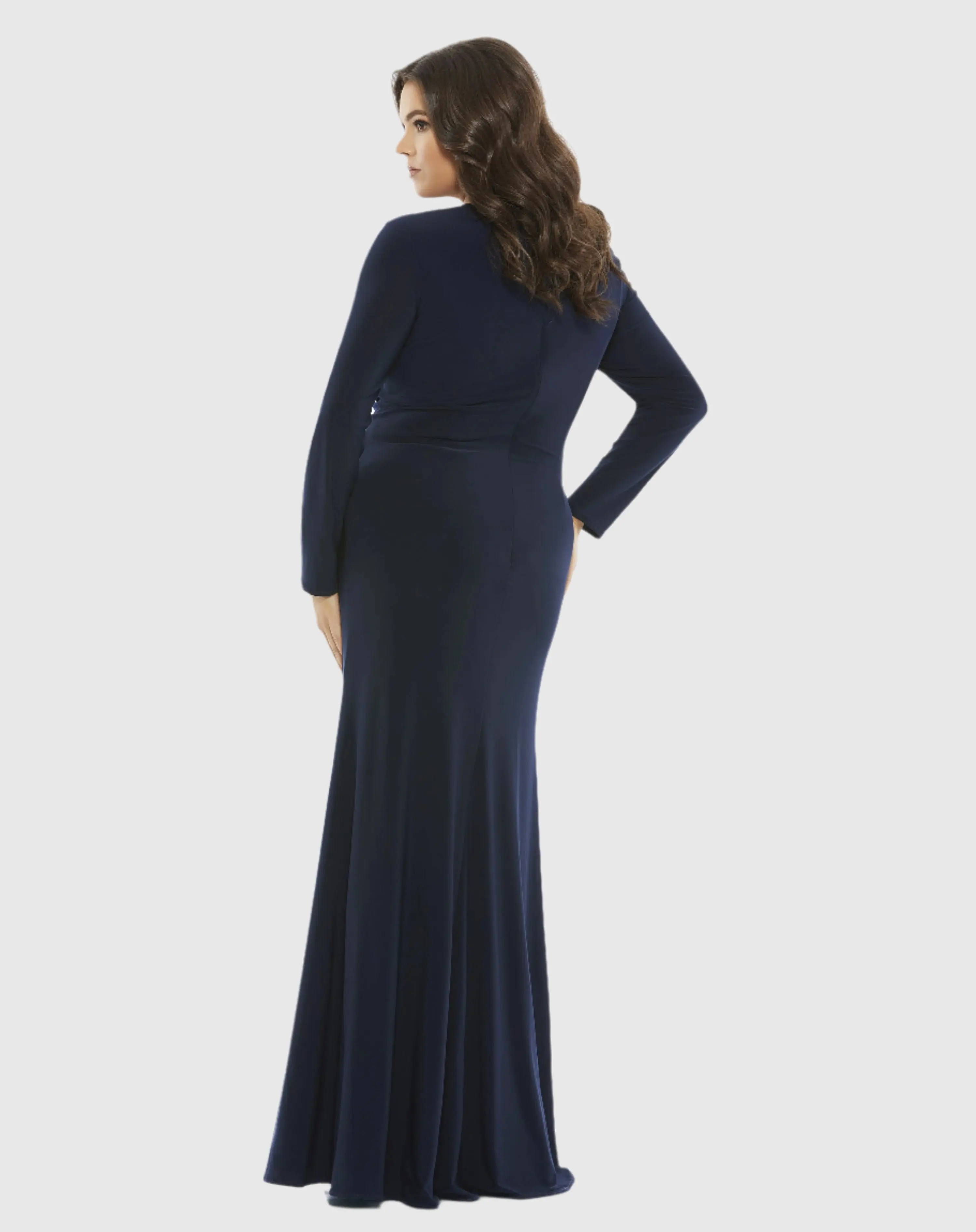 Navy Front Twist Long Sleeve V-Neck Gown (Plus) - Image 3