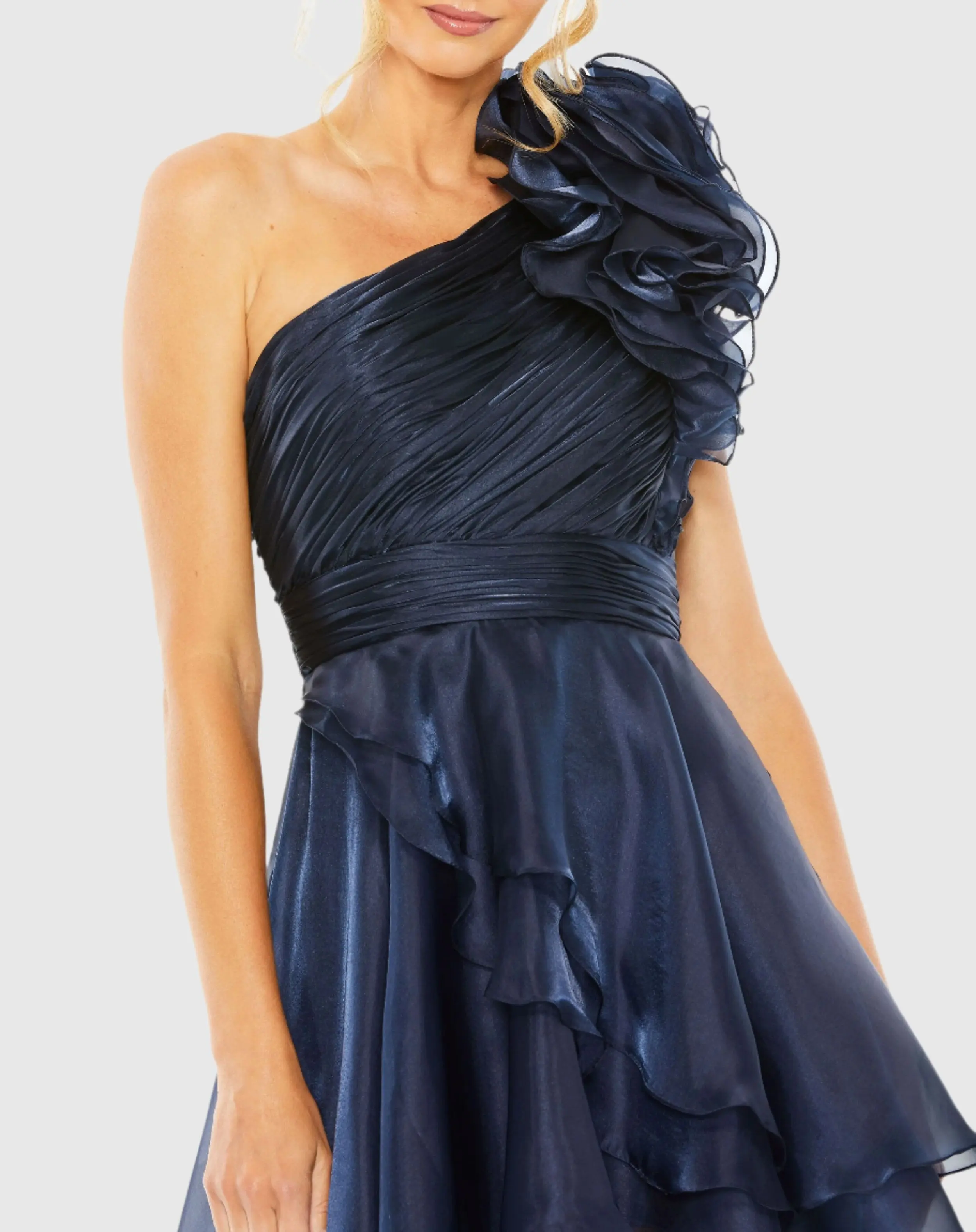 Navy One Shoulder Ruffle High Low Gown - Image 2
