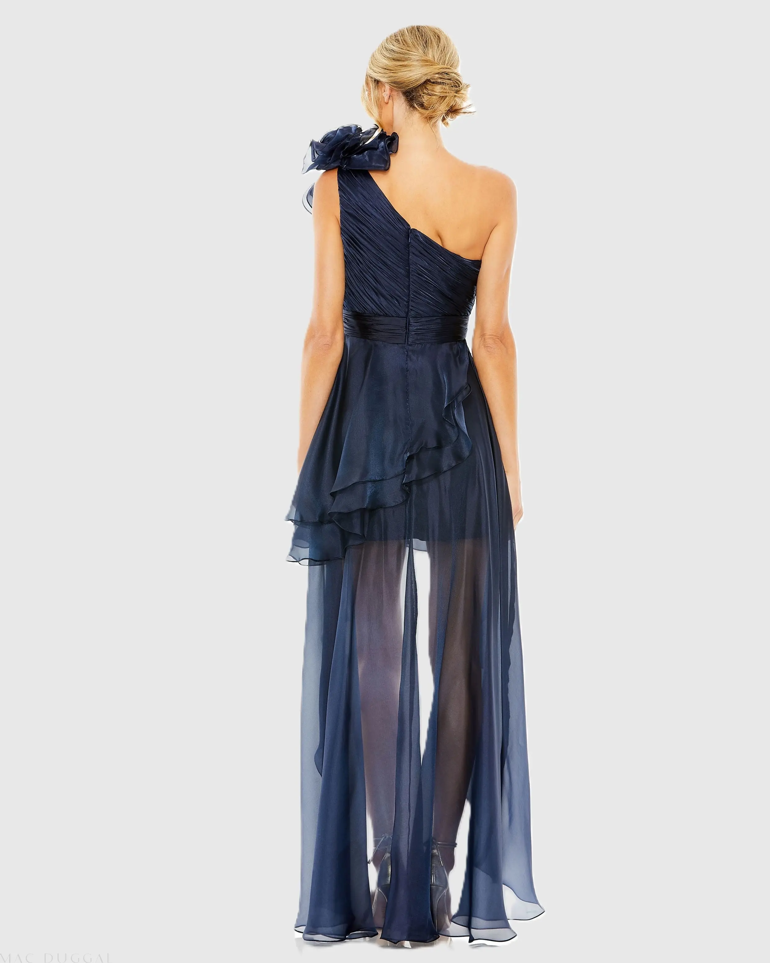 Navy One Shoulder Ruffle High Low Gown - Image 3
